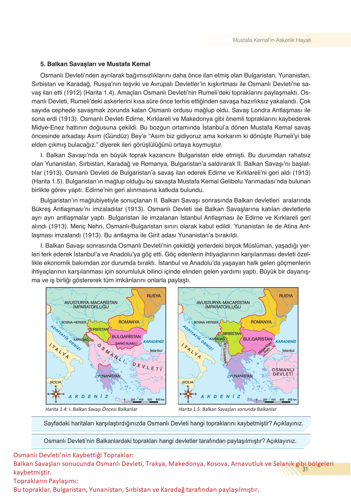 8. Sınıf Semih Ofset SEK Yayınları İnkılap Tarihi Ders Kitabı Sayfa 31 Cevapları