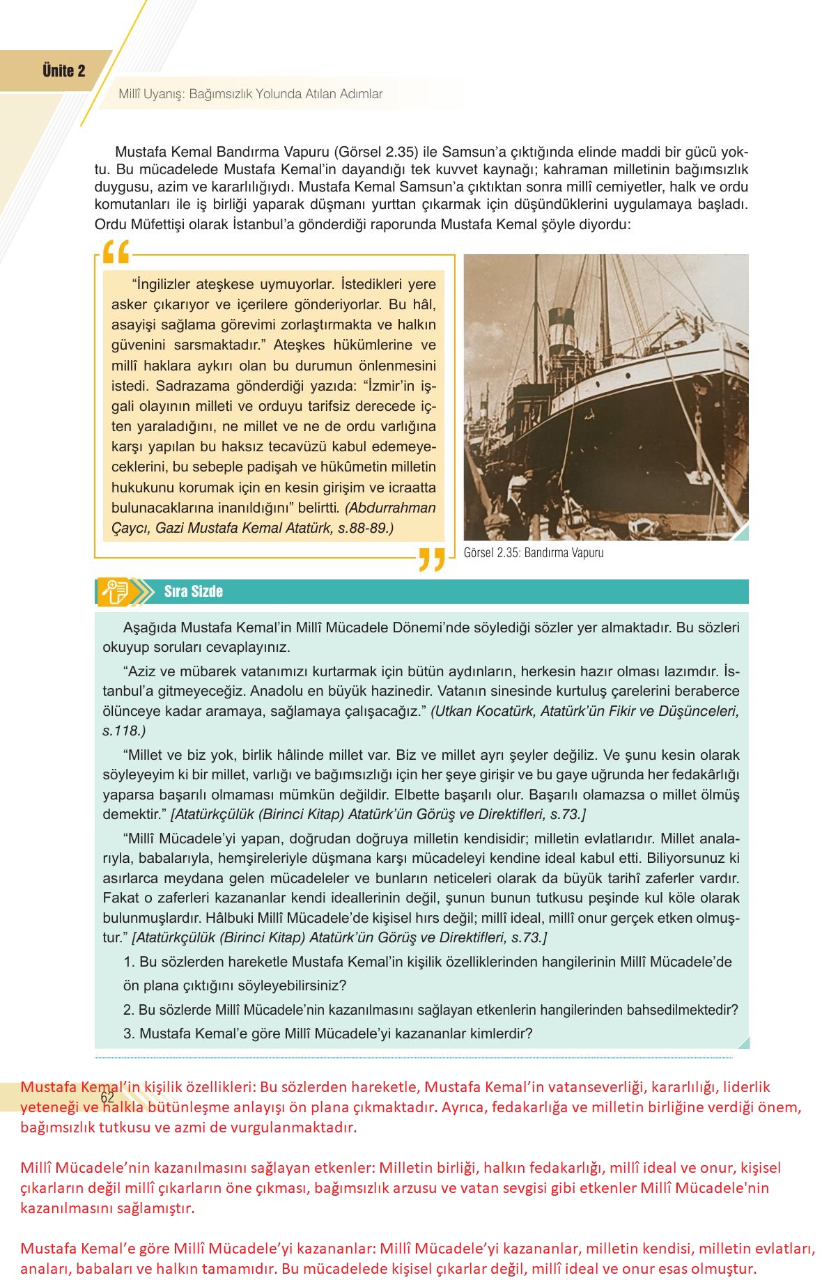 8. Sınıf Semih Ofset SEK Yayınları İnkılap Tarihi Ders Kitabı Sayfa 62 Cevapları