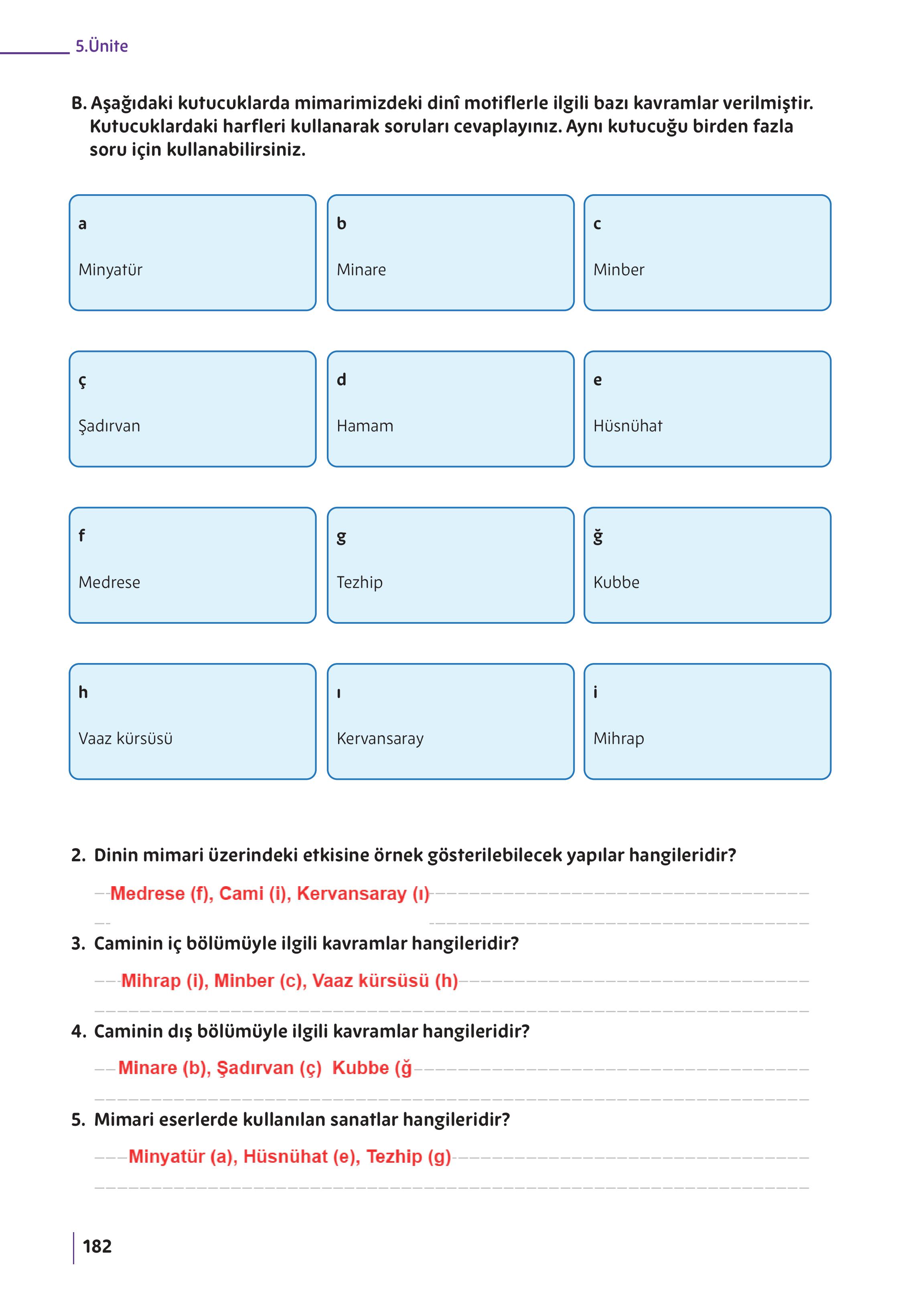 5. Sınıf Meb Yayınları Din Kültürü Ve Ahlak Bilgisi Ders Kitabı Sayfa 182 Cevapları