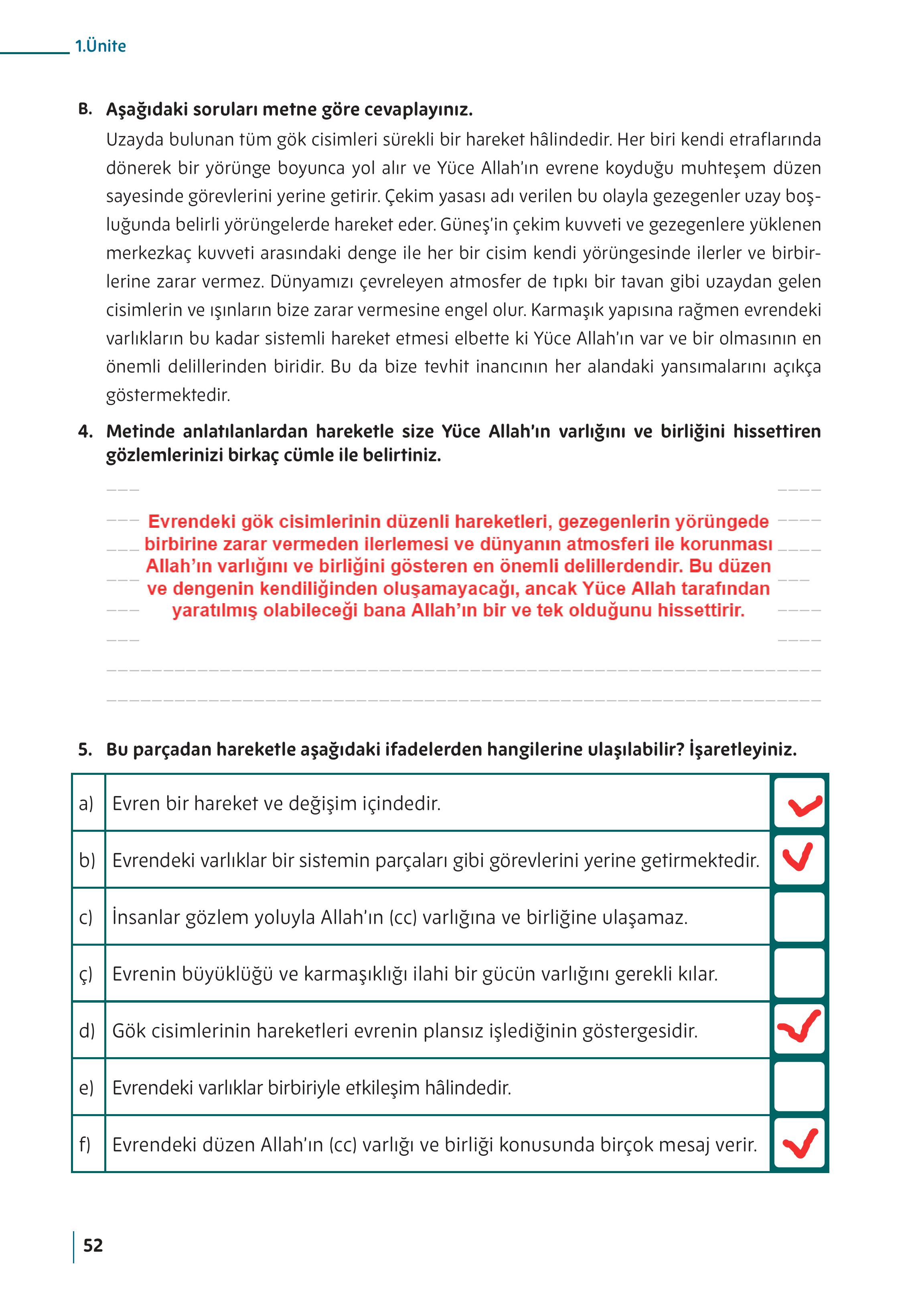 5. Sınıf Meb Yayınları Din Kültürü Ve Ahlak Bilgisi Ders Kitabı Sayfa 52 Cevapları