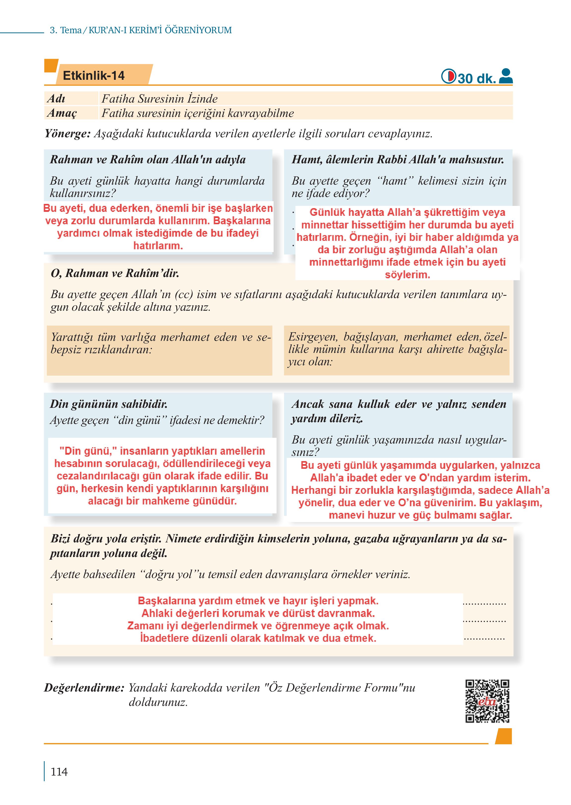 5. Sınıf Meb Yayınları Kur'an- Kerim Ders Kitabı Sayfa 114 Cevapları