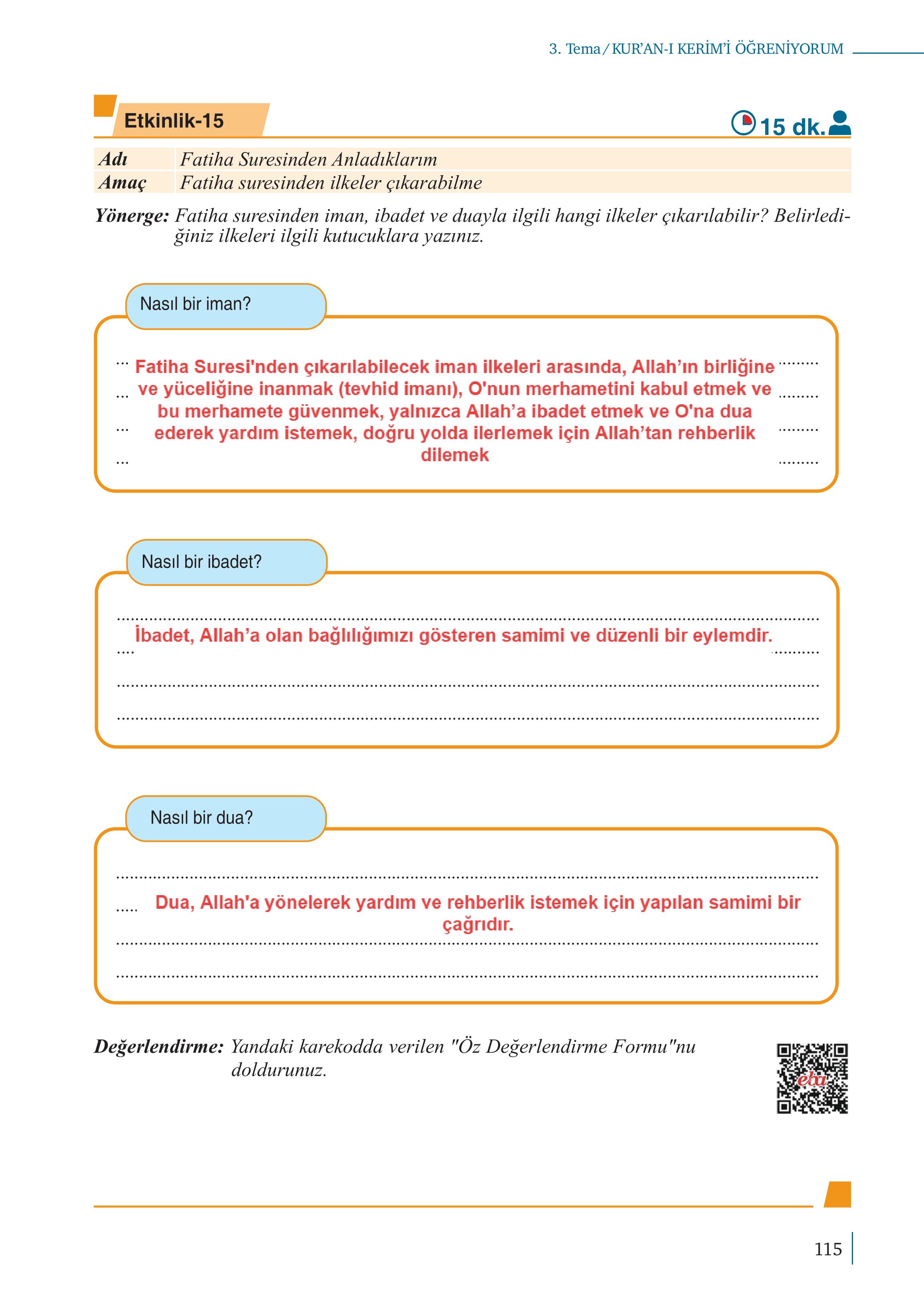 5. Sınıf Meb Yayınları Kur'an- Kerim Ders Kitabı Sayfa 115 Cevapları