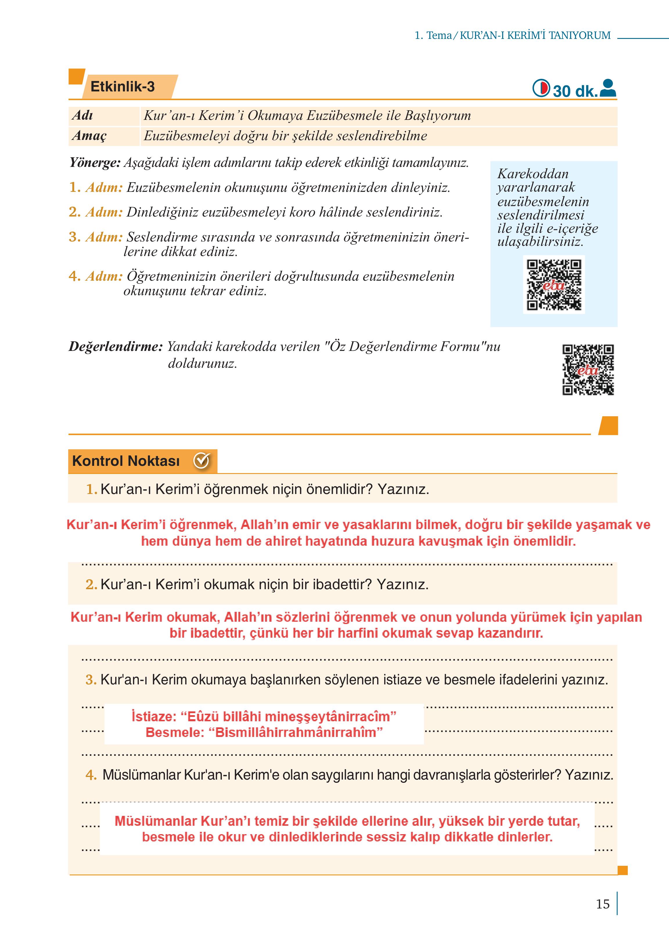 5. Sınıf Meb Yayınları Kur'an- Kerim Ders Kitabı Sayfa 15 Cevapları