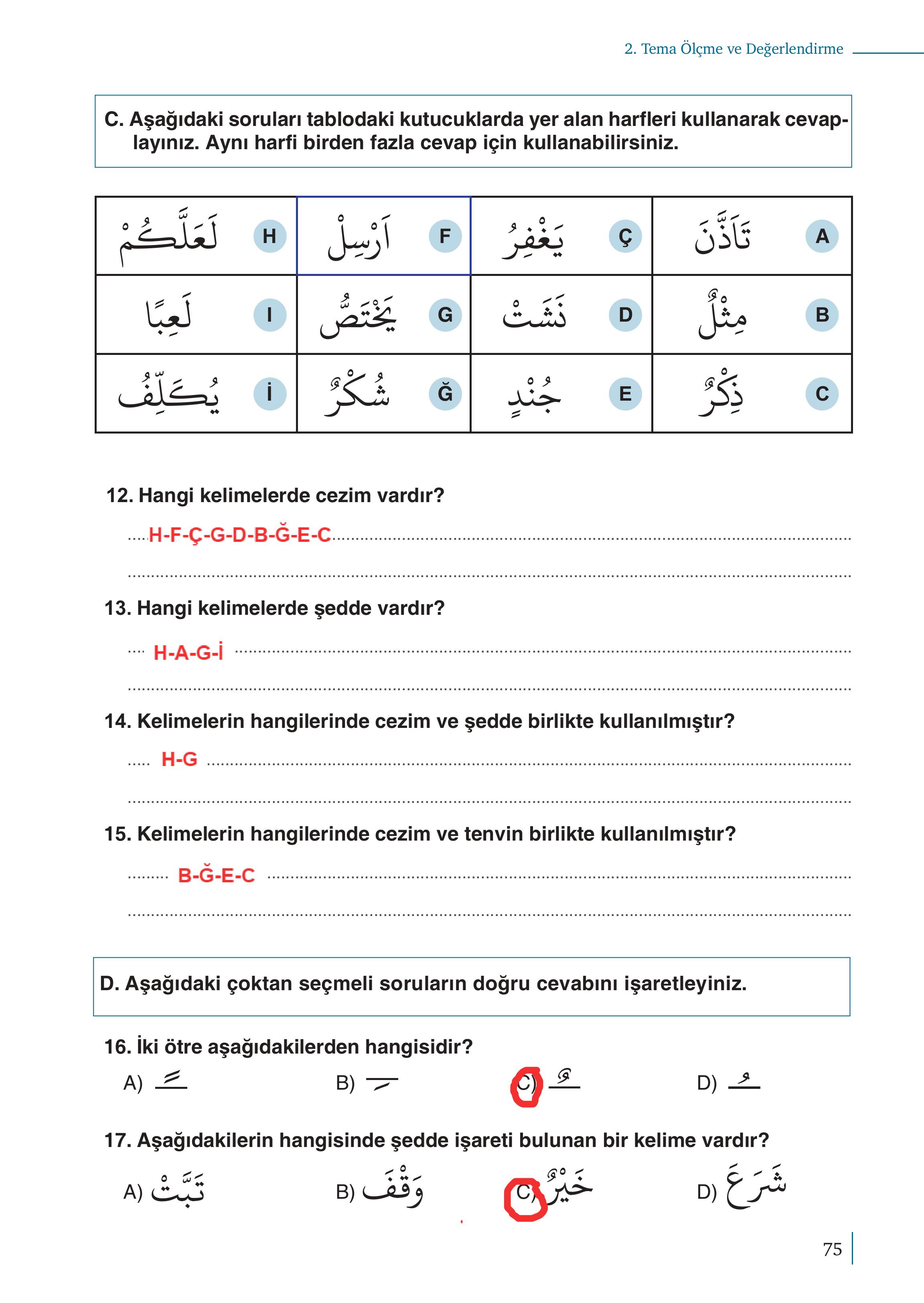 5. Sınıf Meb Yayınları Kur'an- Kerim Ders Kitabı Sayfa 75 Cevapları