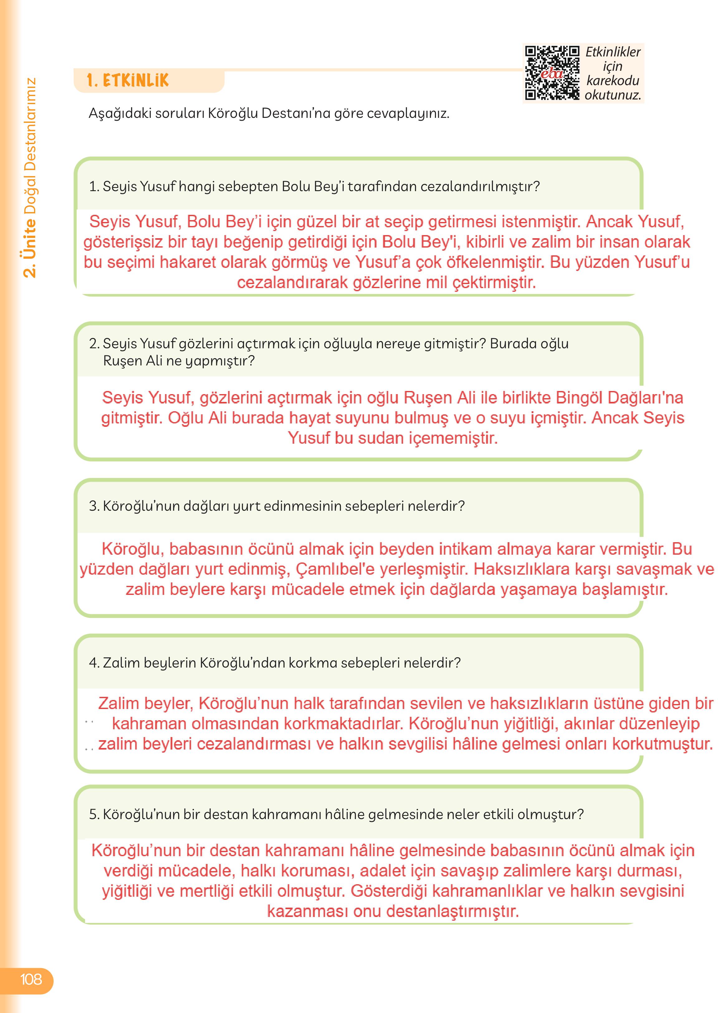 5. Sınıf Meb Yayınları Masal Ve Destanlarımız Ders Kitabı Sayfa 109 Cevapları