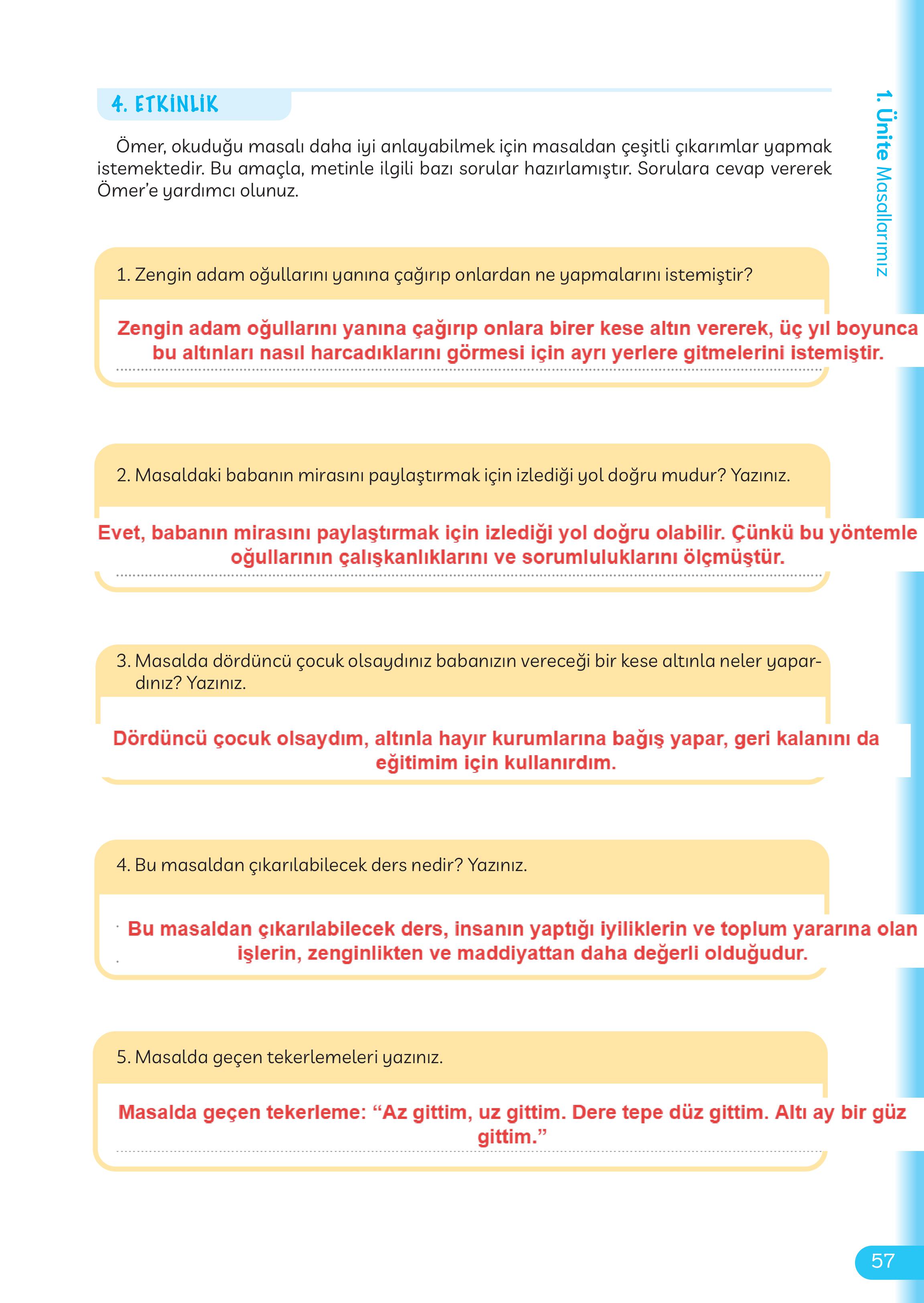 5. Sınıf Meb Yayınları Masal Ve Destanlarımız Ders Kitabı Sayfa 58 Cevapları