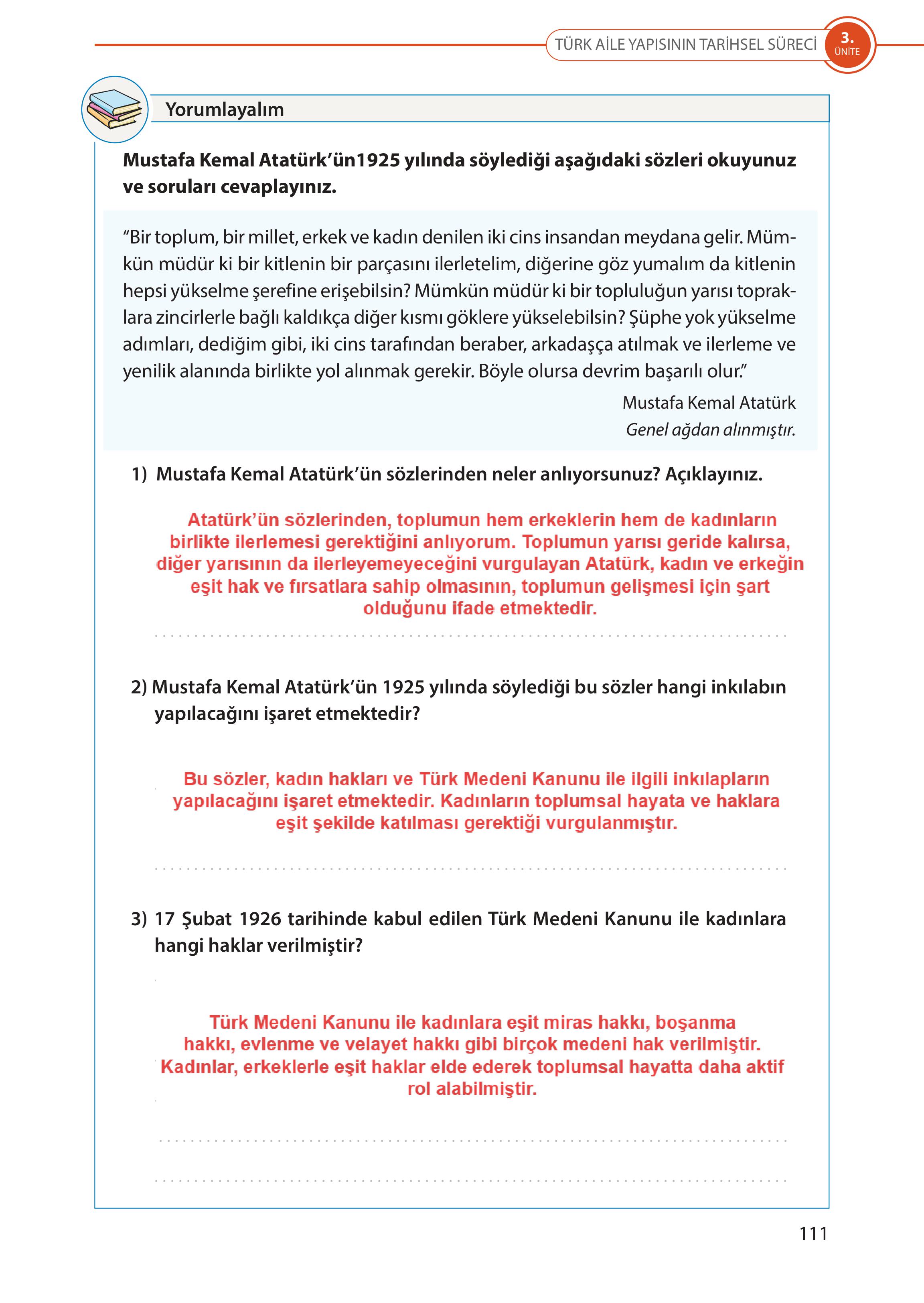 5. Sınıf Meb Yayınları Türk Sosyal Hayatında Aile Ders Kitabı Sayfa 111 Cevapları