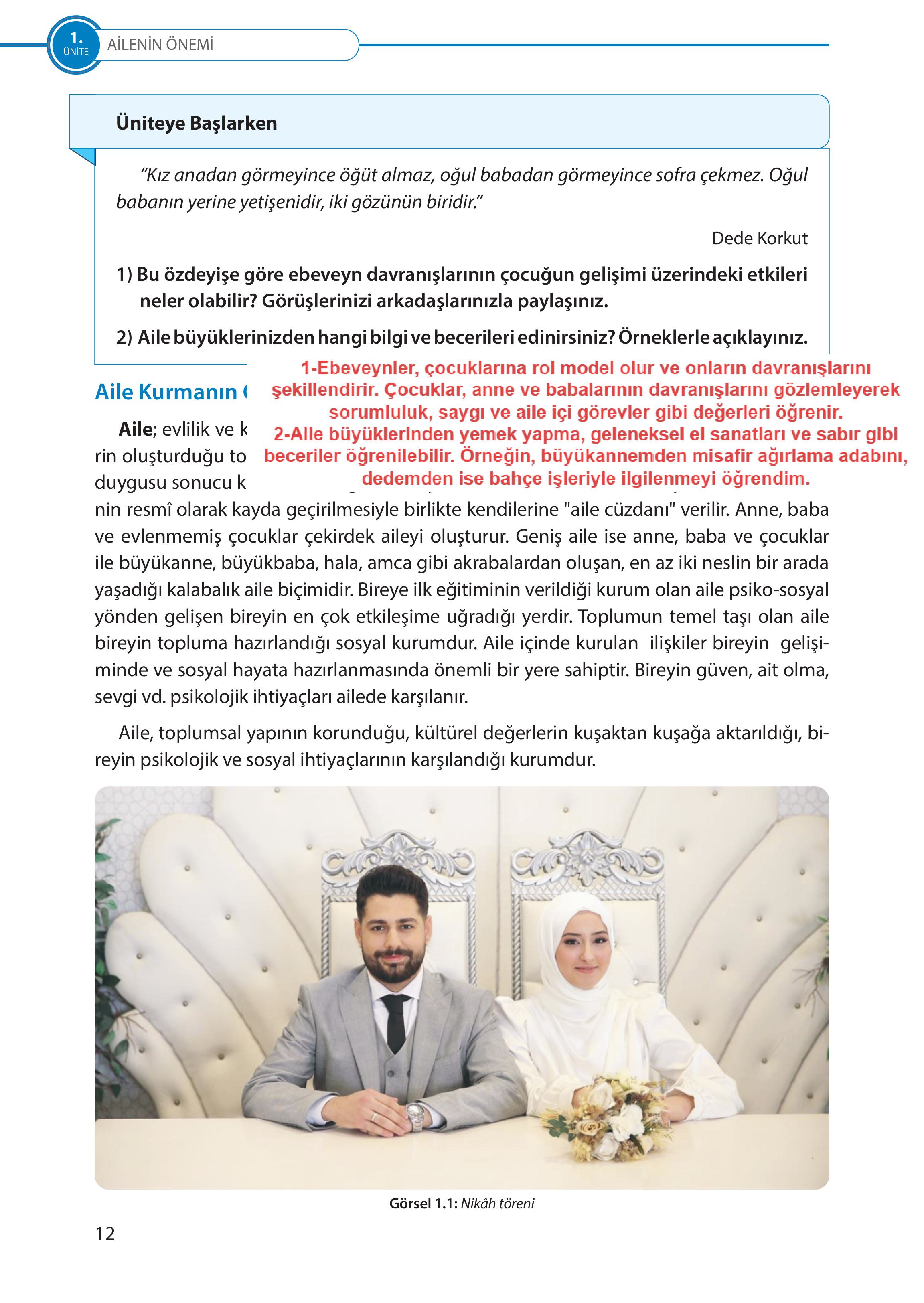 5. Sınıf Meb Yayınları Türk Sosyal Hayatında Aile Ders Kitabı Sayfa 12 Cevapları