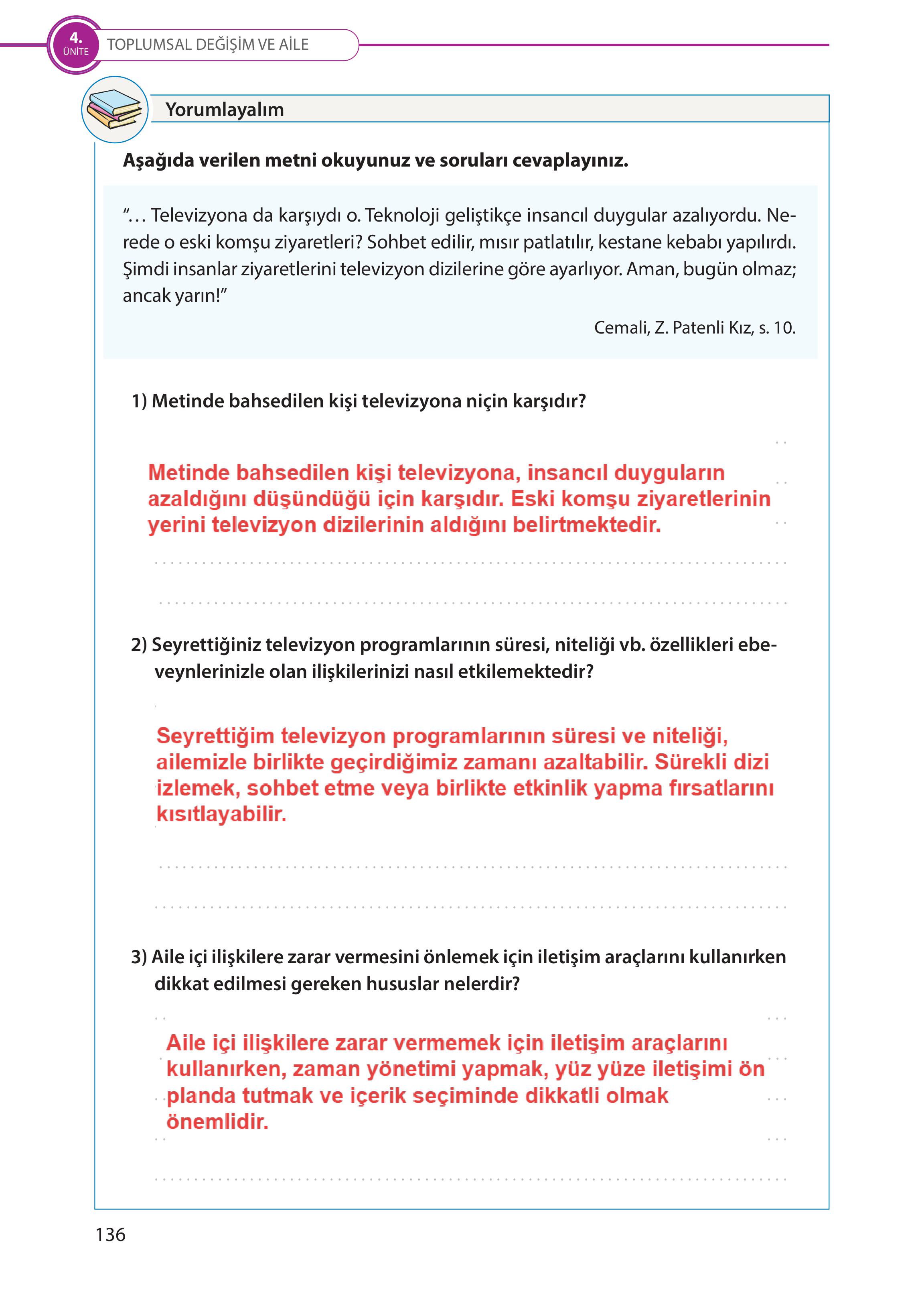 5. Sınıf Meb Yayınları Türk Sosyal Hayatında Aile Ders Kitabı Sayfa 136 Cevapları