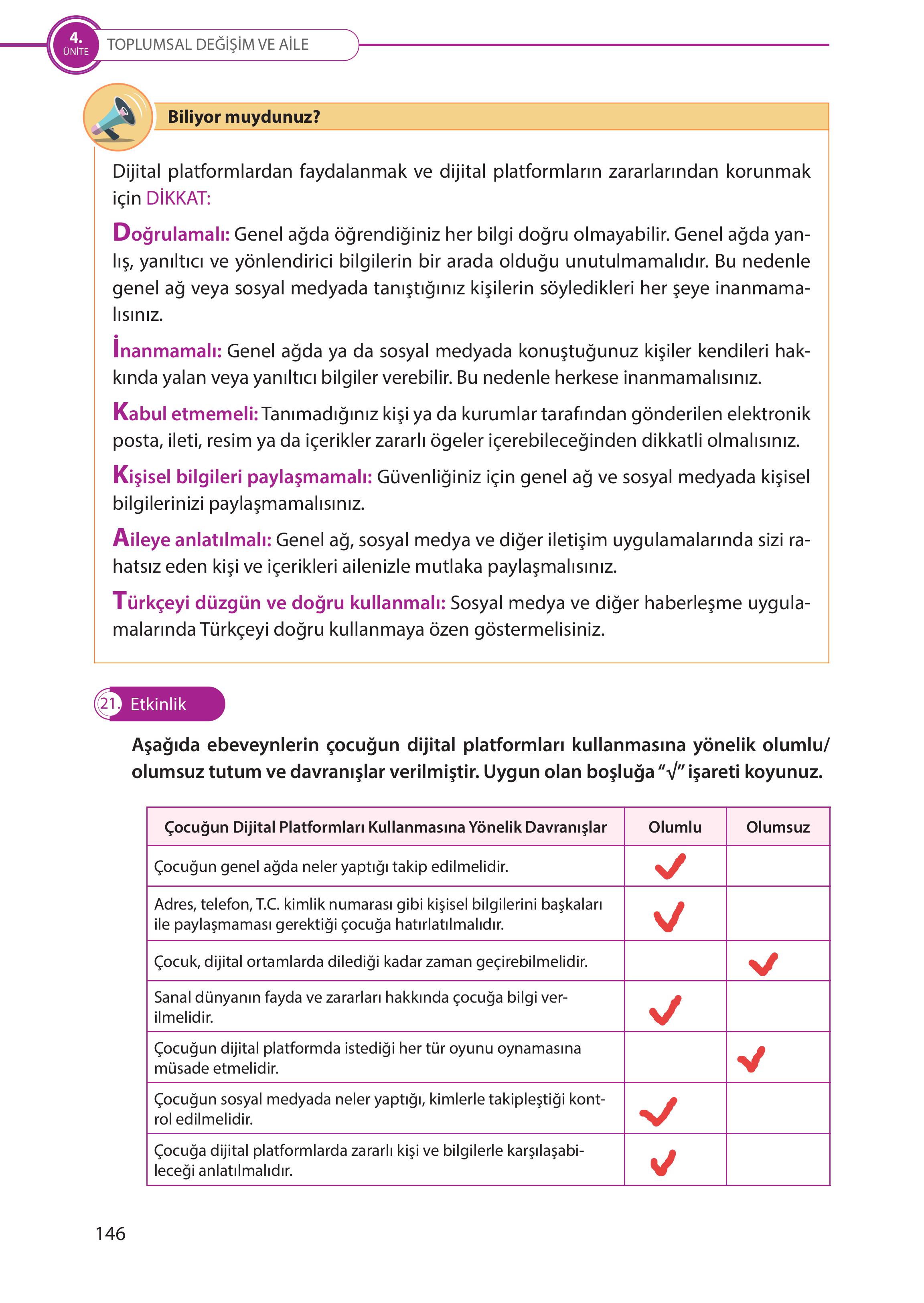 5. Sınıf Meb Yayınları Türk Sosyal Hayatında Aile Ders Kitabı Sayfa 146 Cevapları