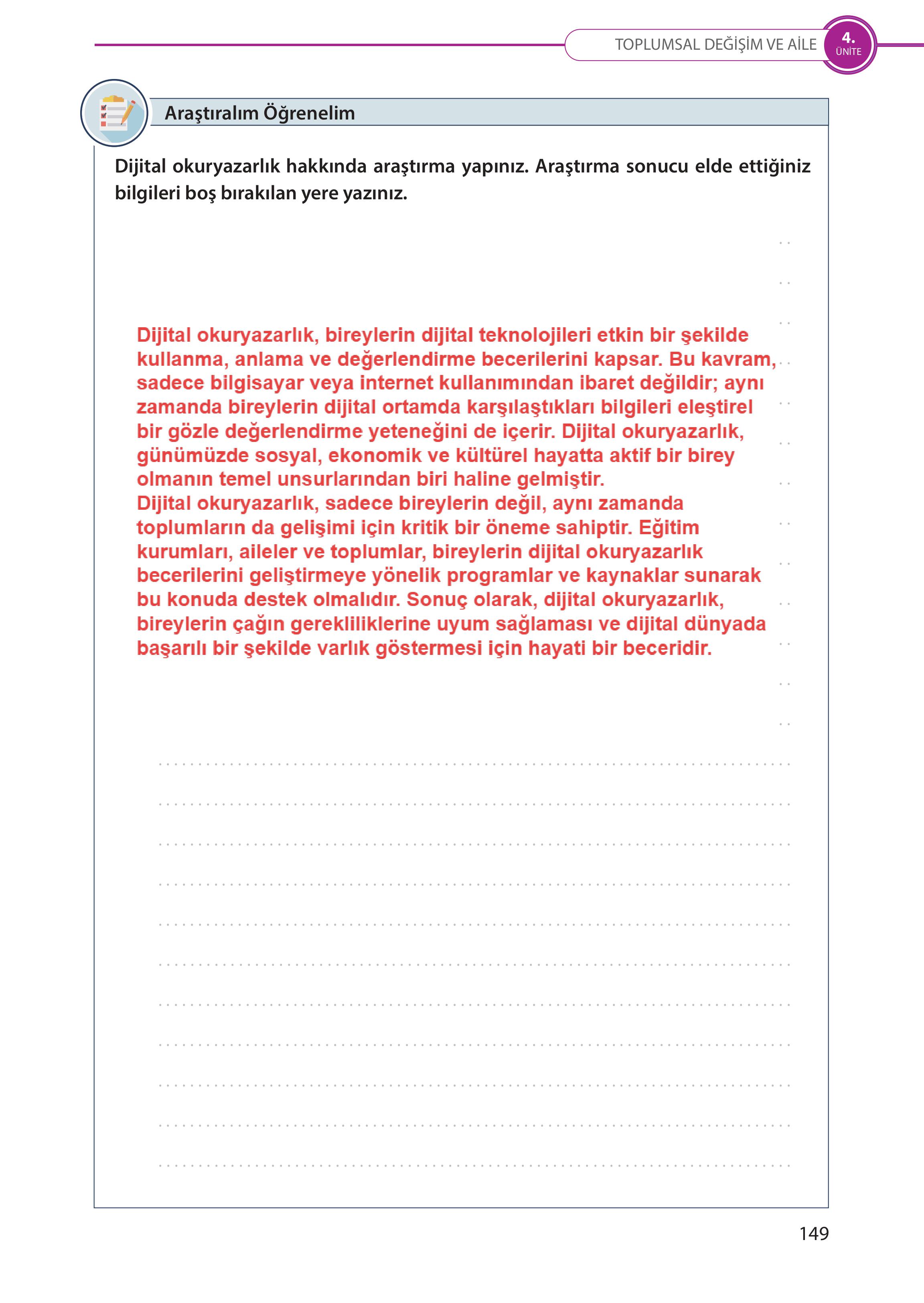 5. Sınıf Meb Yayınları Türk Sosyal Hayatında Aile Ders Kitabı Sayfa 149 Cevapları