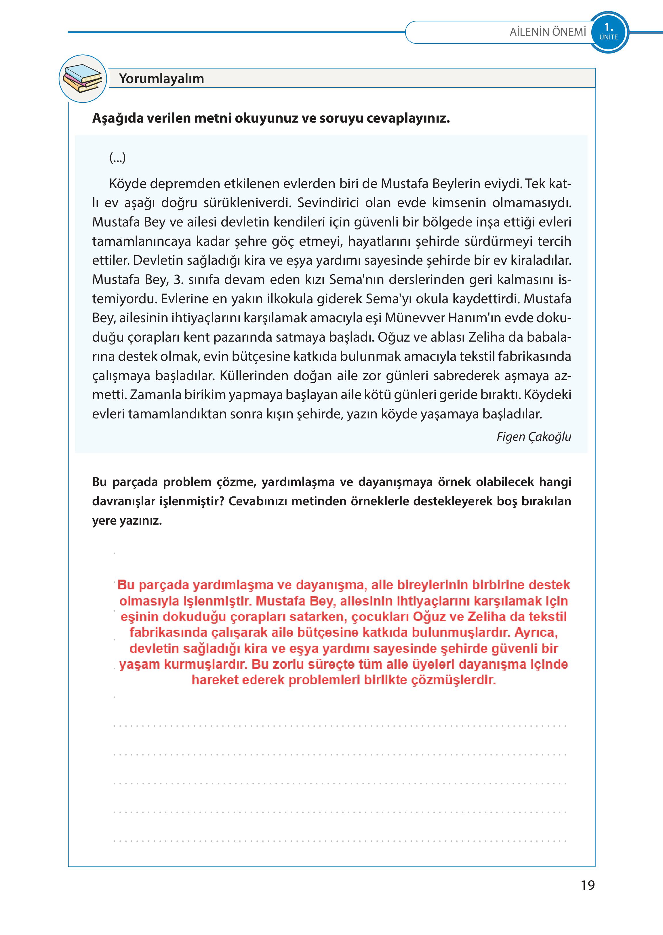 5. Sınıf Meb Yayınları Türk Sosyal Hayatında Aile Ders Kitabı Sayfa 19 Cevapları