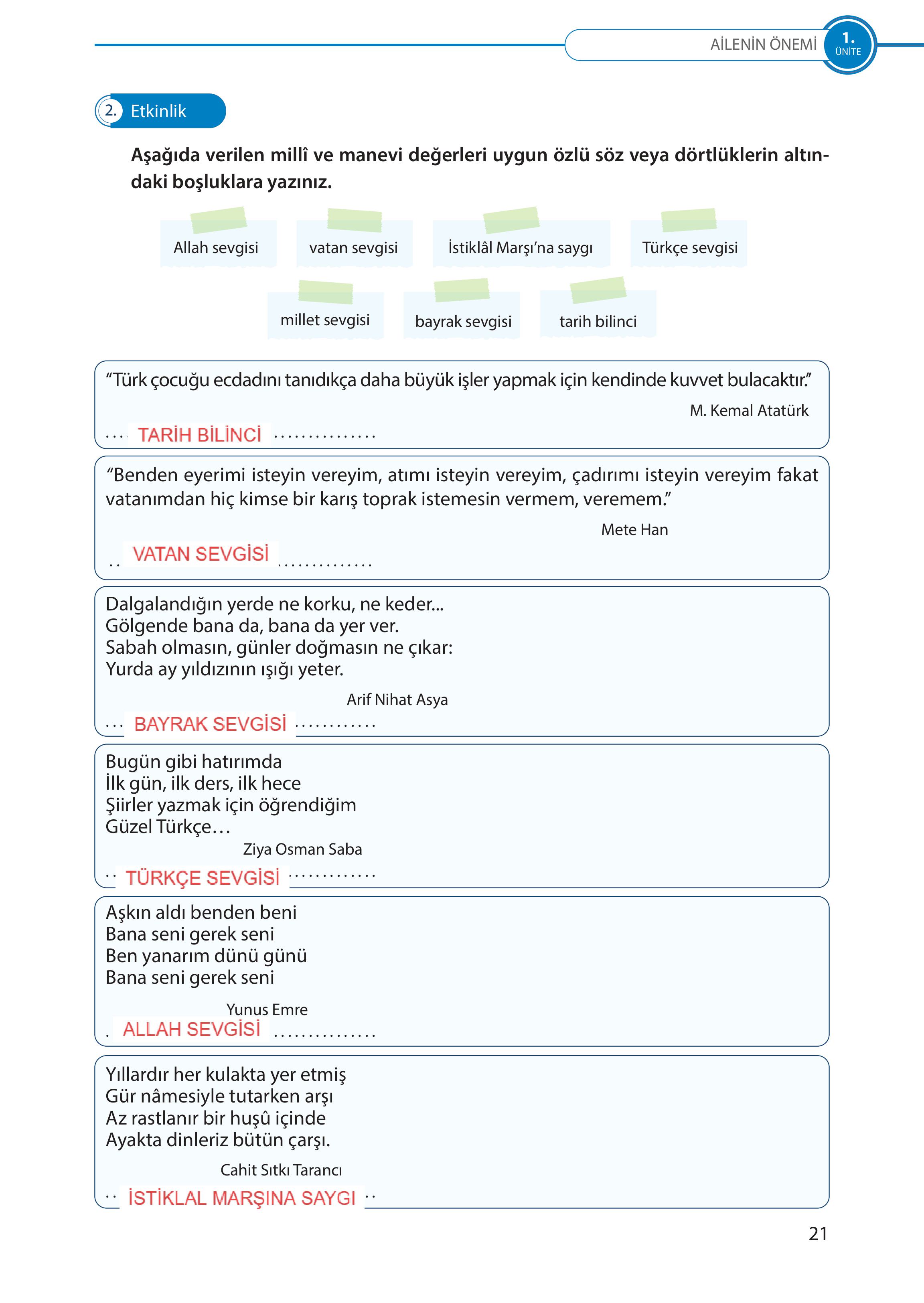 5. Sınıf Meb Yayınları Türk Sosyal Hayatında Aile Ders Kitabı Sayfa 21 Cevapları