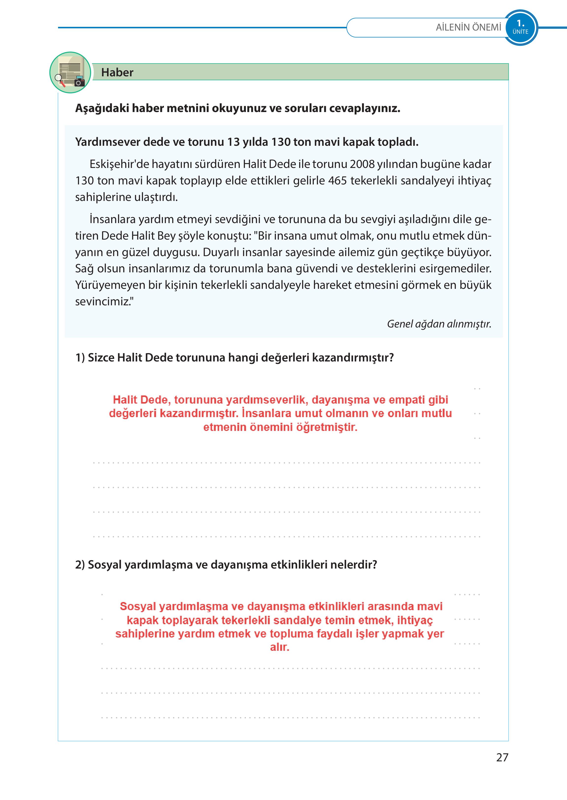 5. Sınıf Meb Yayınları Türk Sosyal Hayatında Aile Ders Kitabı Sayfa 27 Cevapları