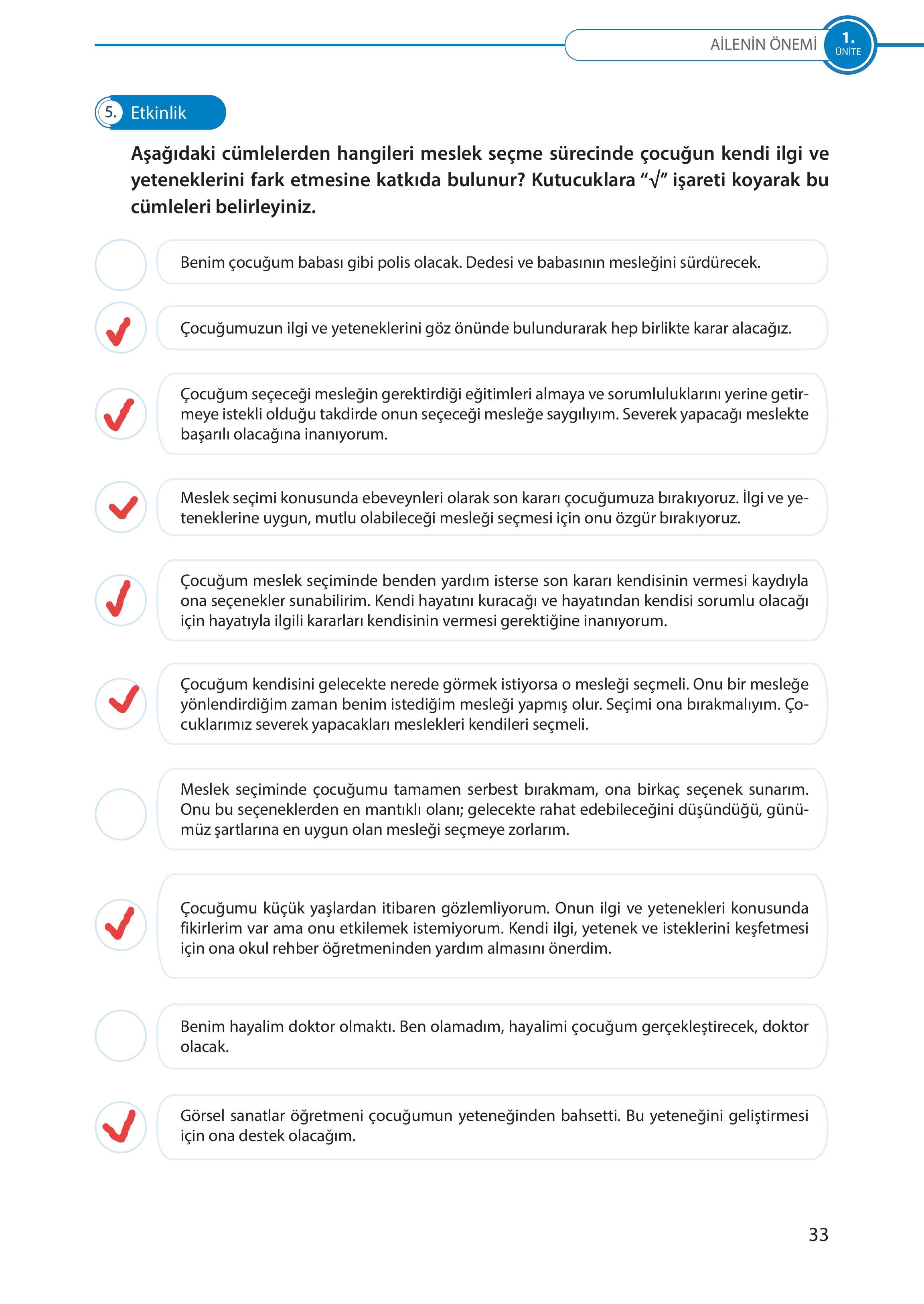 5. Sınıf Meb Yayınları Türk Sosyal Hayatında Aile Ders Kitabı Sayfa 33 Cevapları