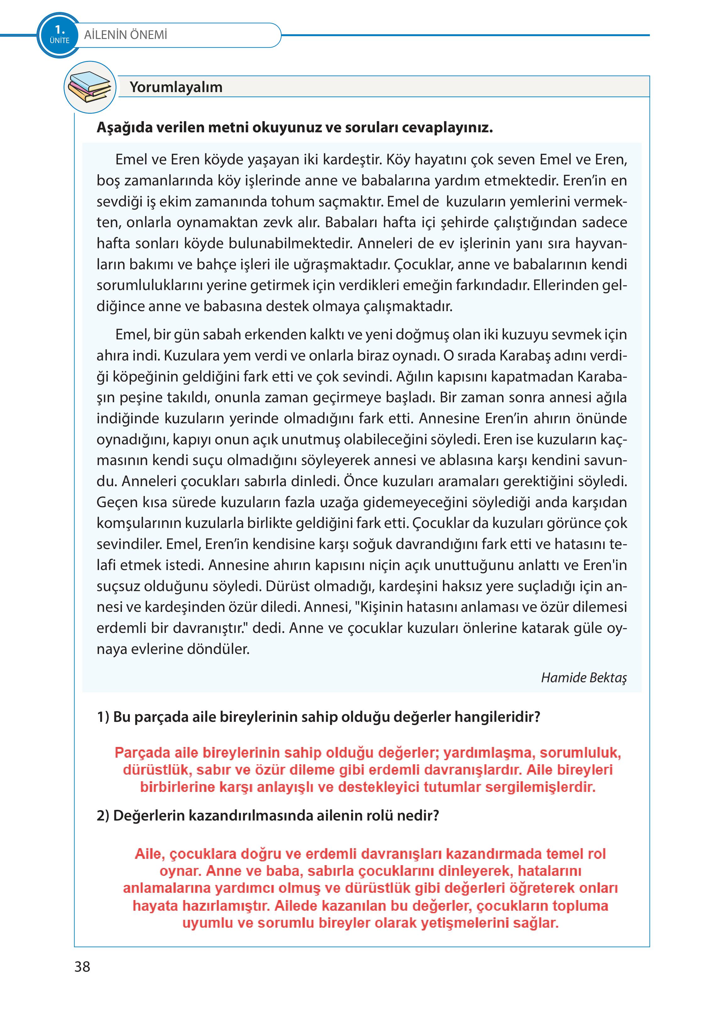 5. Sınıf Meb Yayınları Türk Sosyal Hayatında Aile Ders Kitabı Sayfa 38 Cevapları