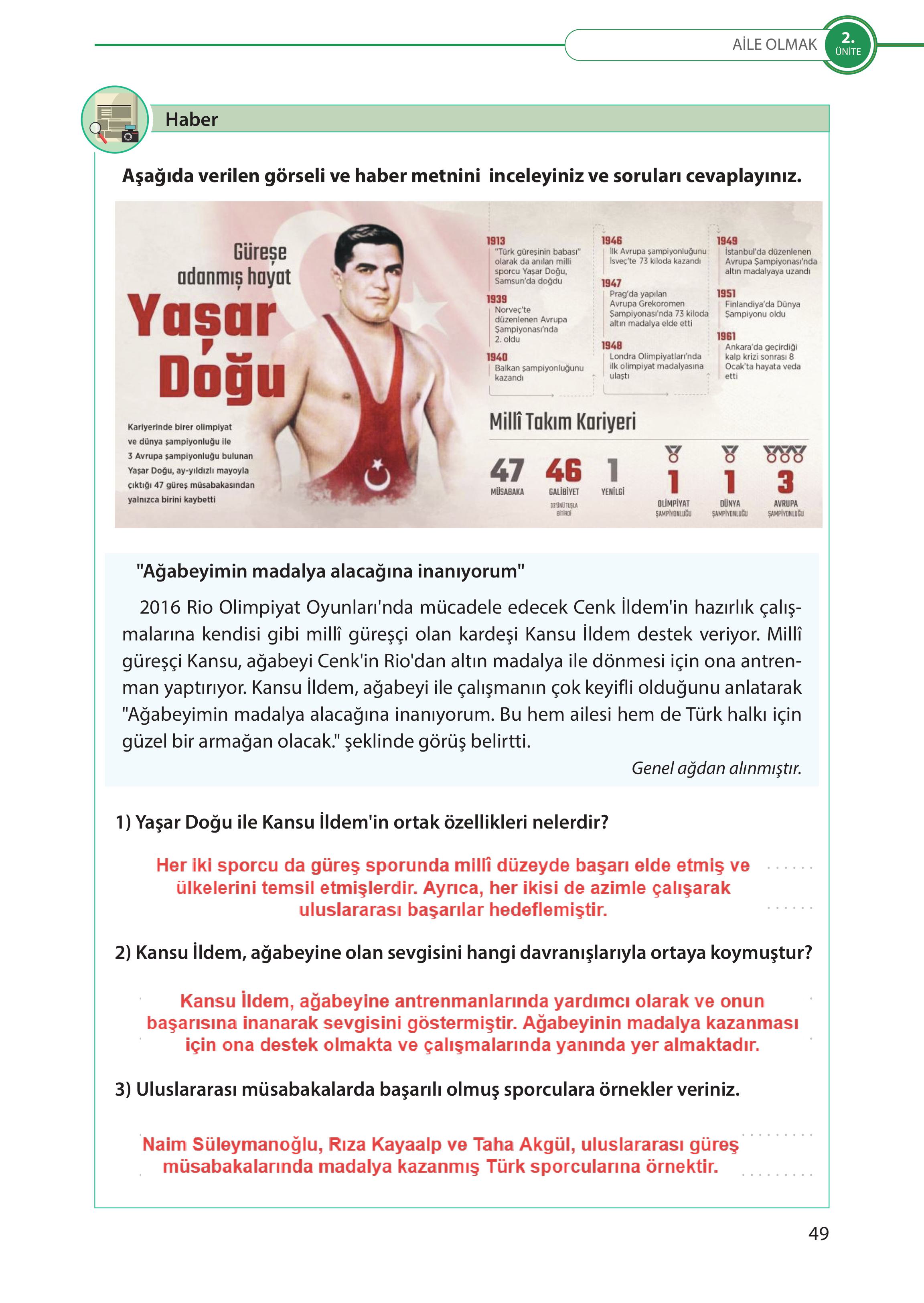 5. Sınıf Meb Yayınları Türk Sosyal Hayatında Aile Ders Kitabı Sayfa 49 Cevapları