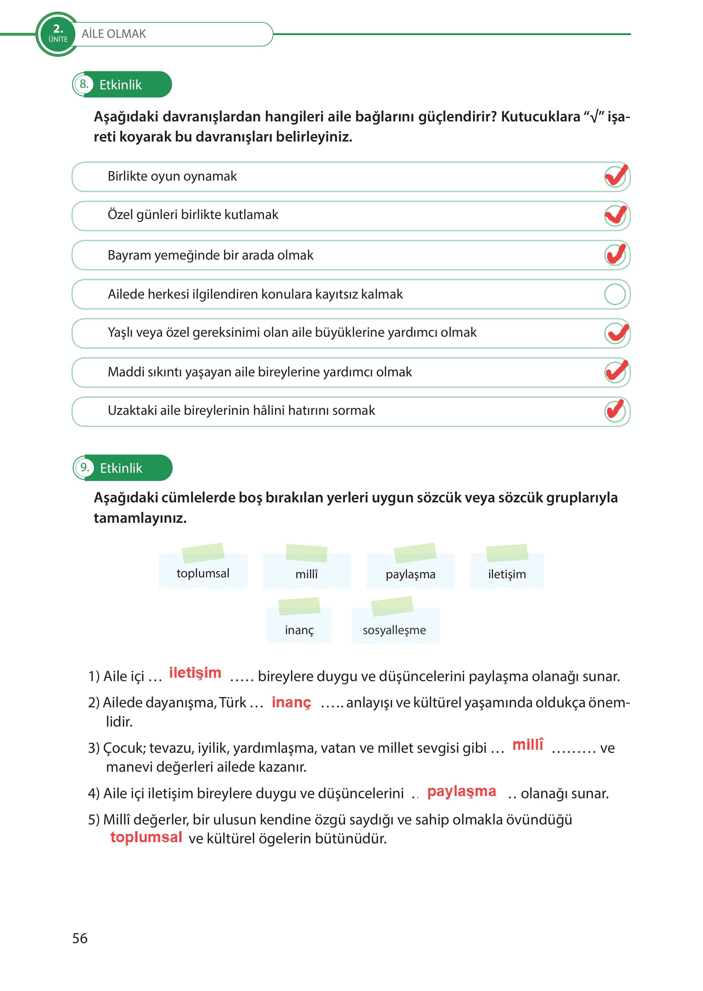 5. Sınıf Meb Yayınları Türk Sosyal Hayatında Aile Ders Kitabı Sayfa 56 Cevapları