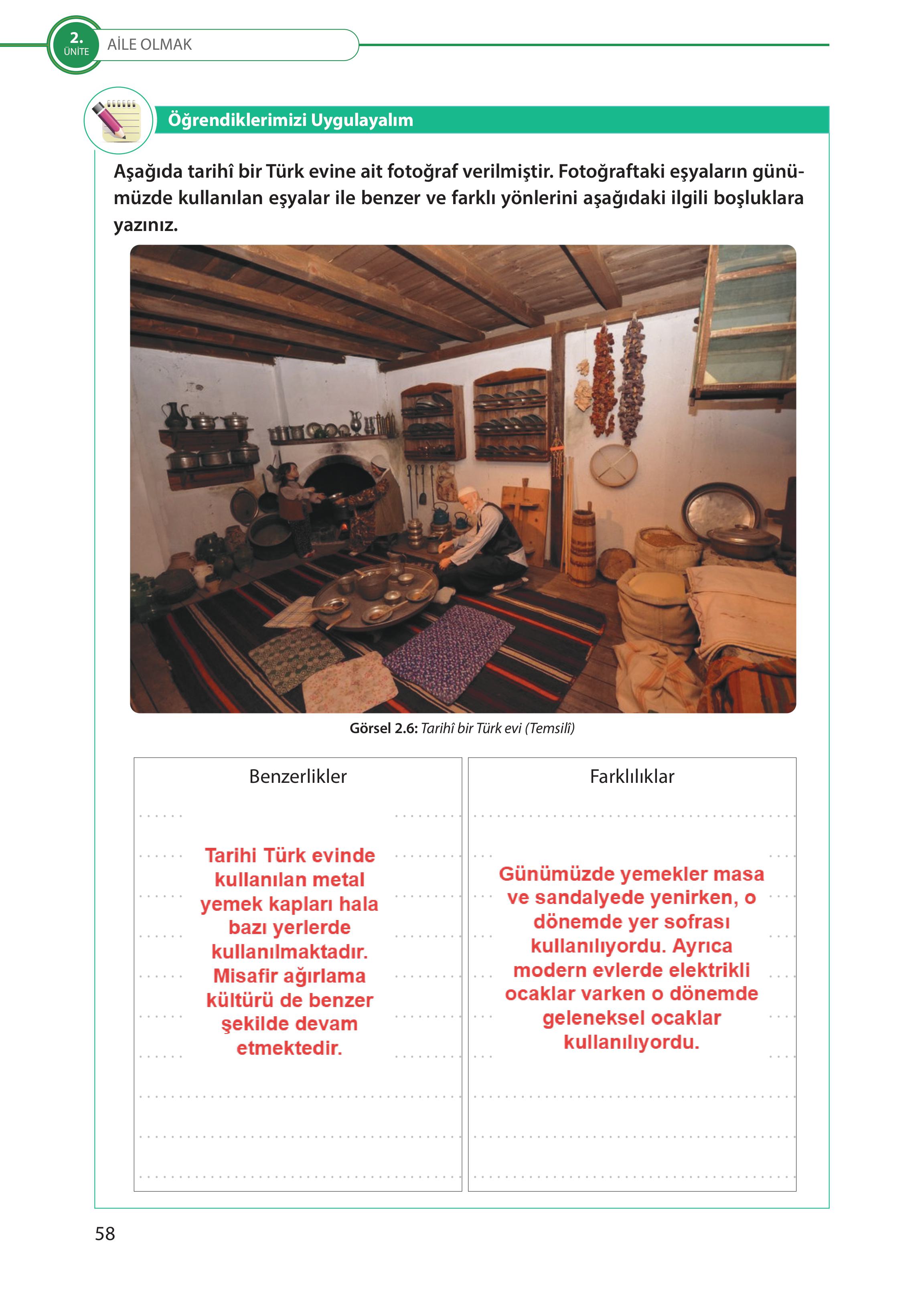 5. Sınıf Meb Yayınları Türk Sosyal Hayatında Aile Ders Kitabı Sayfa 58 Cevapları