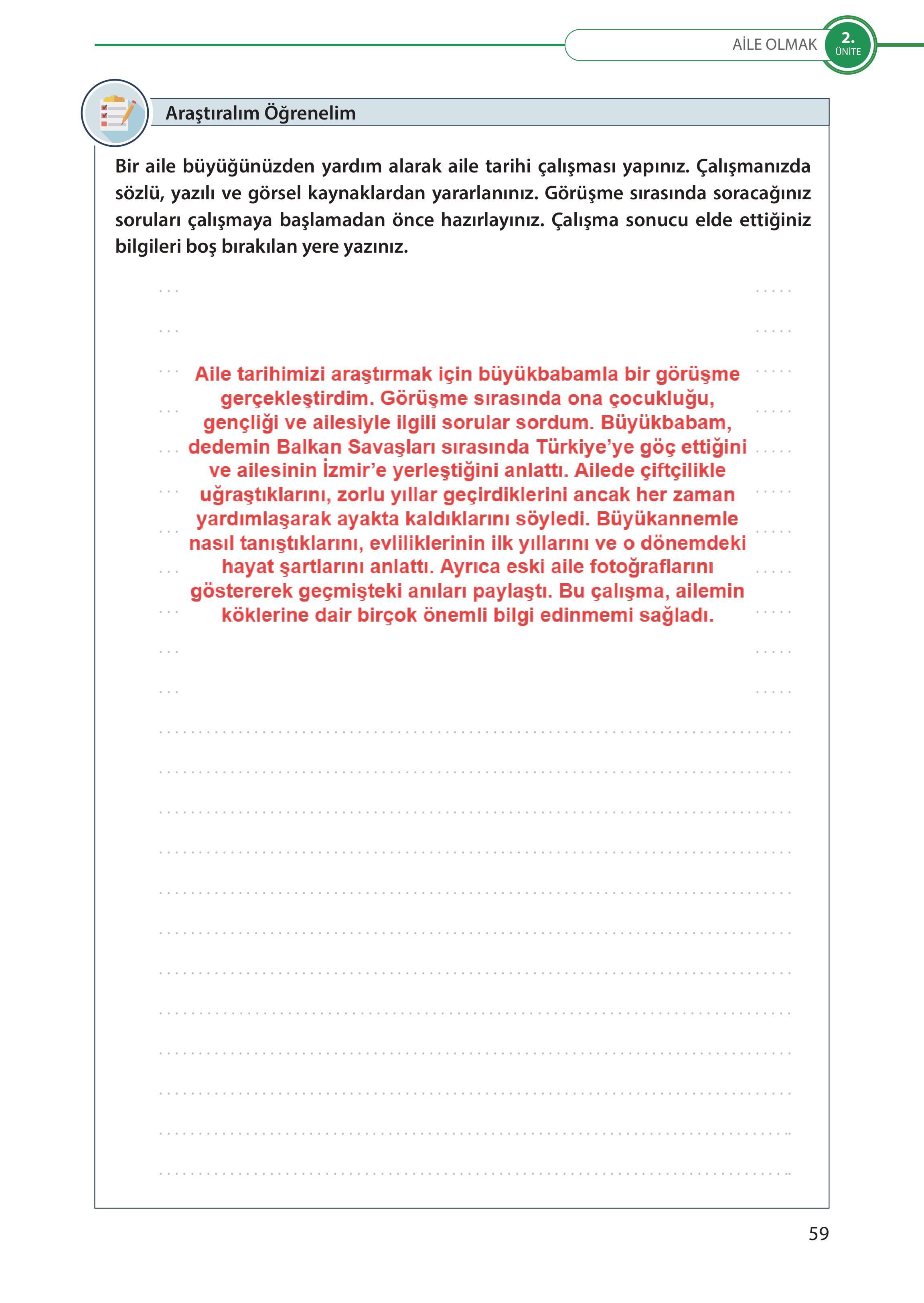 5. Sınıf Meb Yayınları Türk Sosyal Hayatında Aile Ders Kitabı Sayfa 59 Cevapları