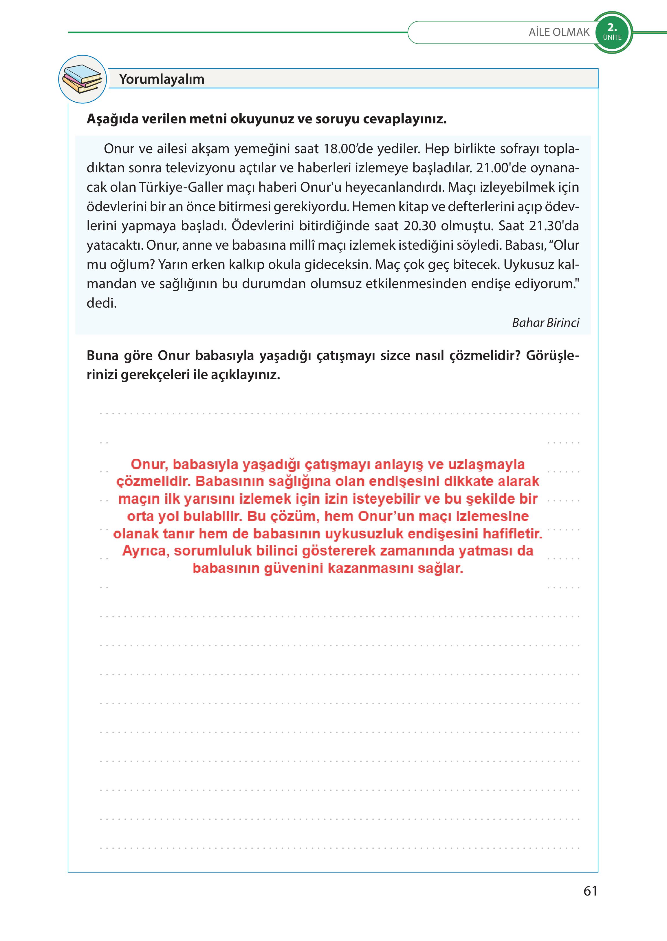 5. Sınıf Meb Yayınları Türk Sosyal Hayatında Aile Ders Kitabı Sayfa 61 Cevapları
