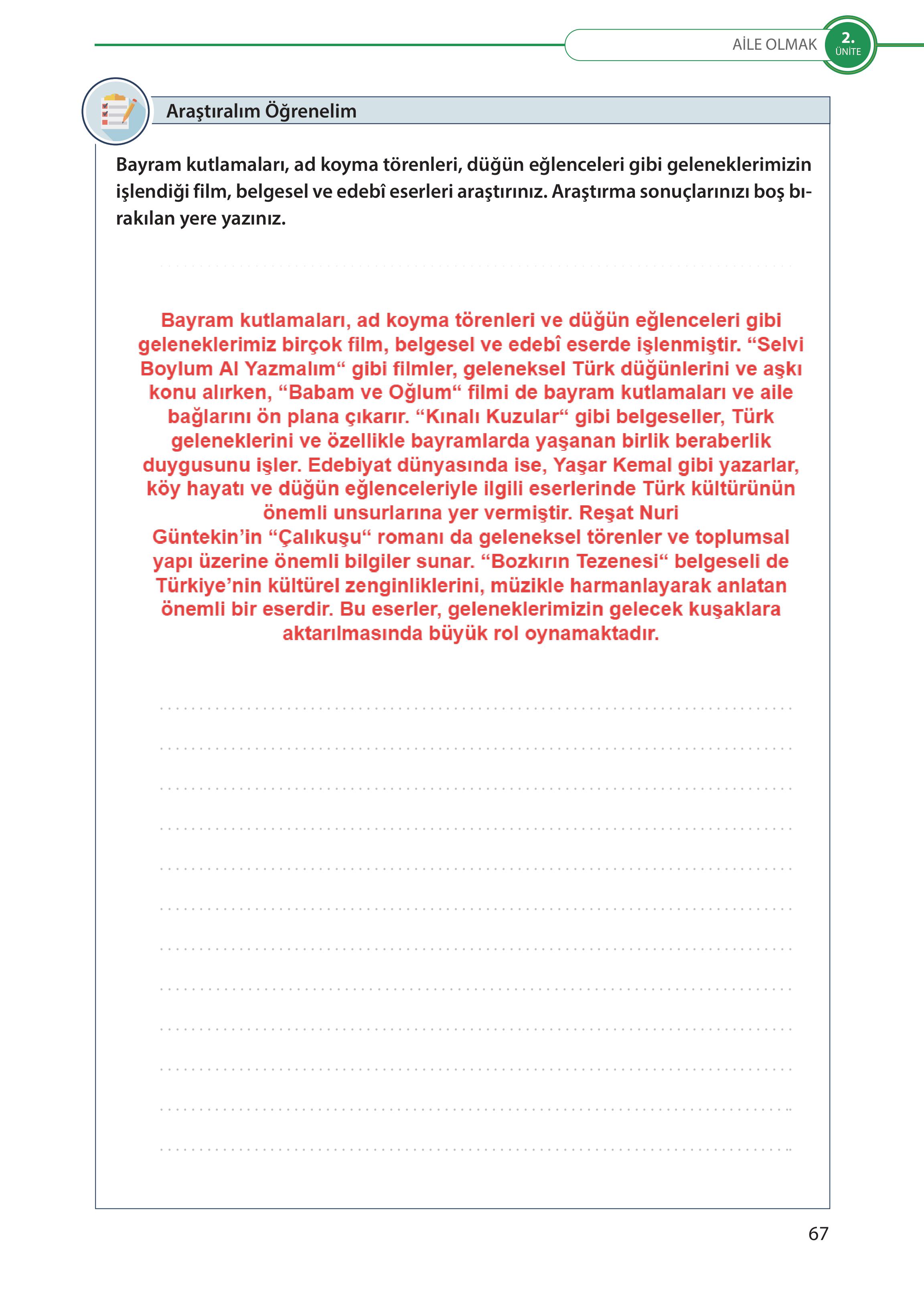 5. Sınıf Meb Yayınları Türk Sosyal Hayatında Aile Ders Kitabı Sayfa 67 Cevapları 5. Sınıf Meb Yayınları Türk Sosyal Hayatında Aile Ders Kitabı Sayfa 67 Cevapları