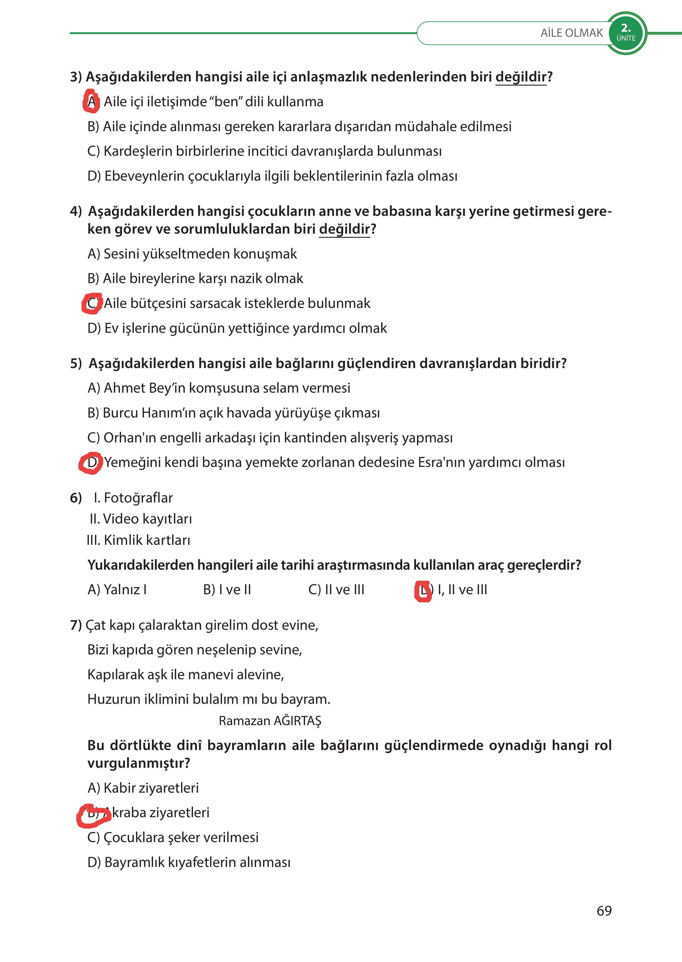 5. Sınıf Meb Yayınları Türk Sosyal Hayatında Aile Ders Kitabı Sayfa 69 Cevapları