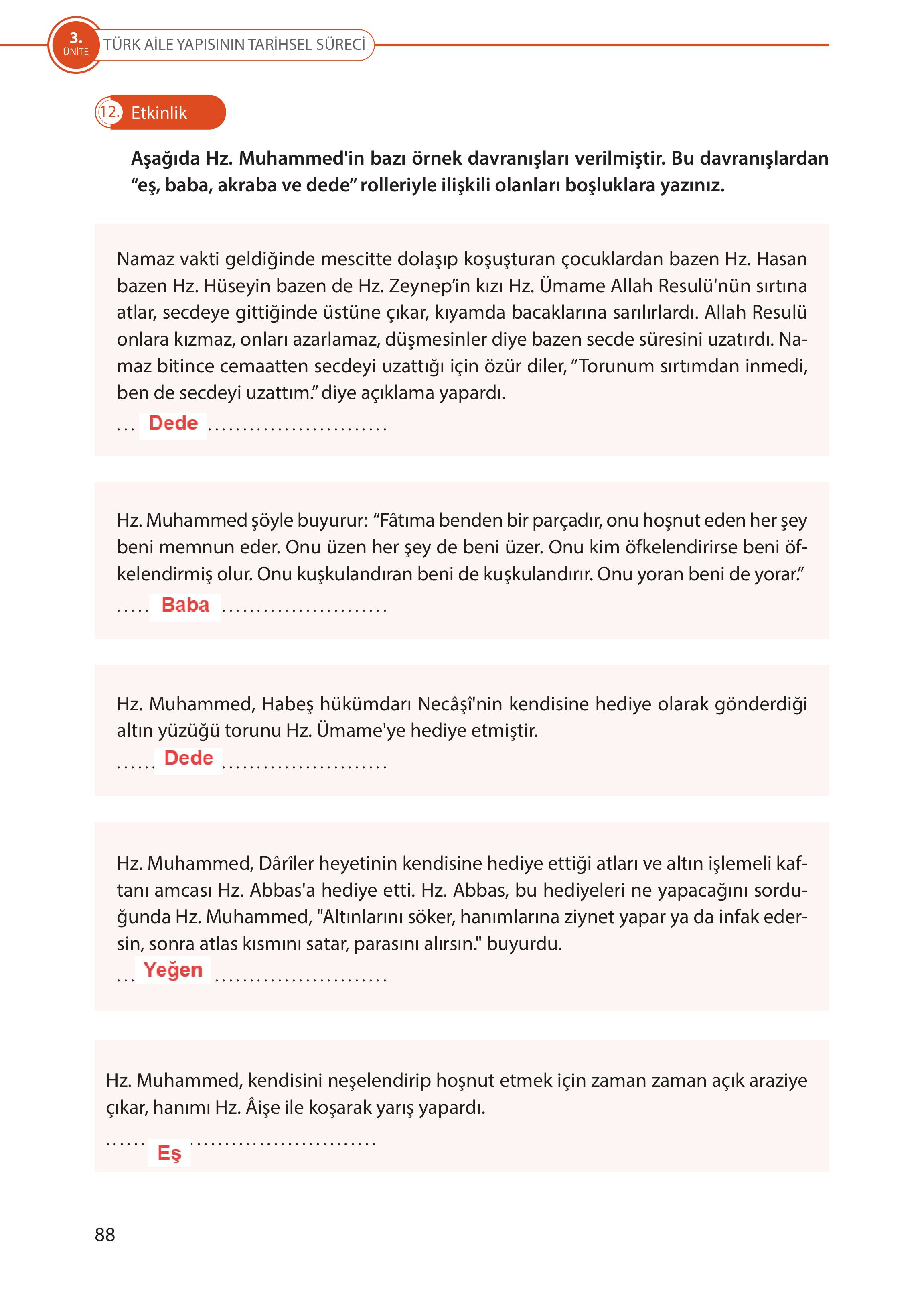 5. Sınıf Meb Yayınları Türk Sosyal Hayatında Aile Ders Kitabı Sayfa 88 Cevapları