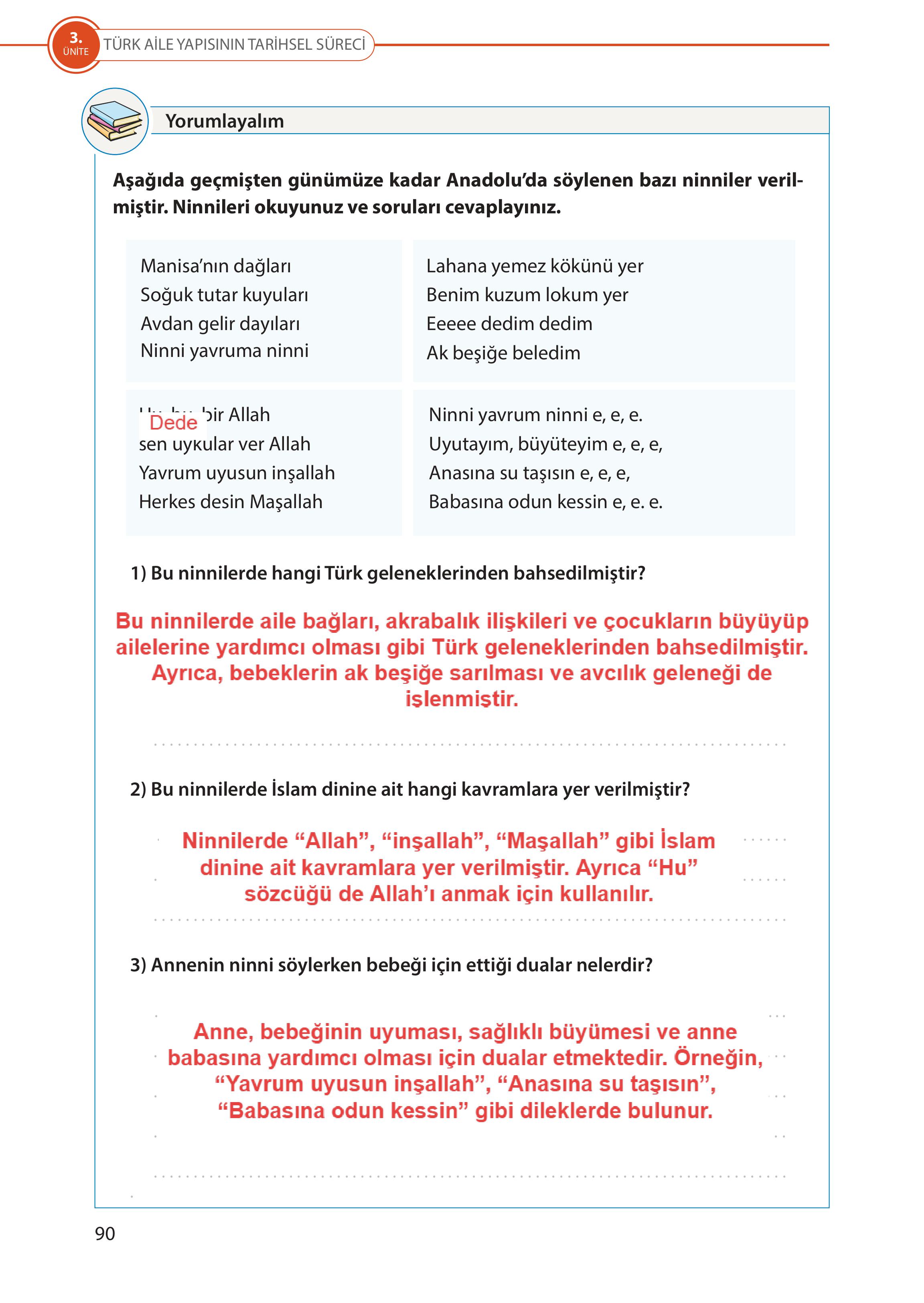 5. Sınıf Meb Yayınları Türk Sosyal Hayatında Aile Ders Kitabı Sayfa 90 Cevapları