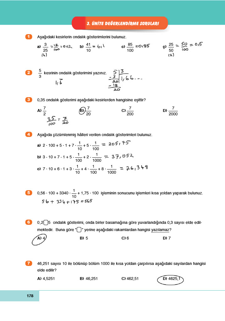 6. Sınıf Doğa Yayınları Matematik Ders Kitabı Sayfa 178 Cevapları 6. Sınıf Doğa Yayınları Matematik Ders Kitabı Sayfa 178 Cevapları