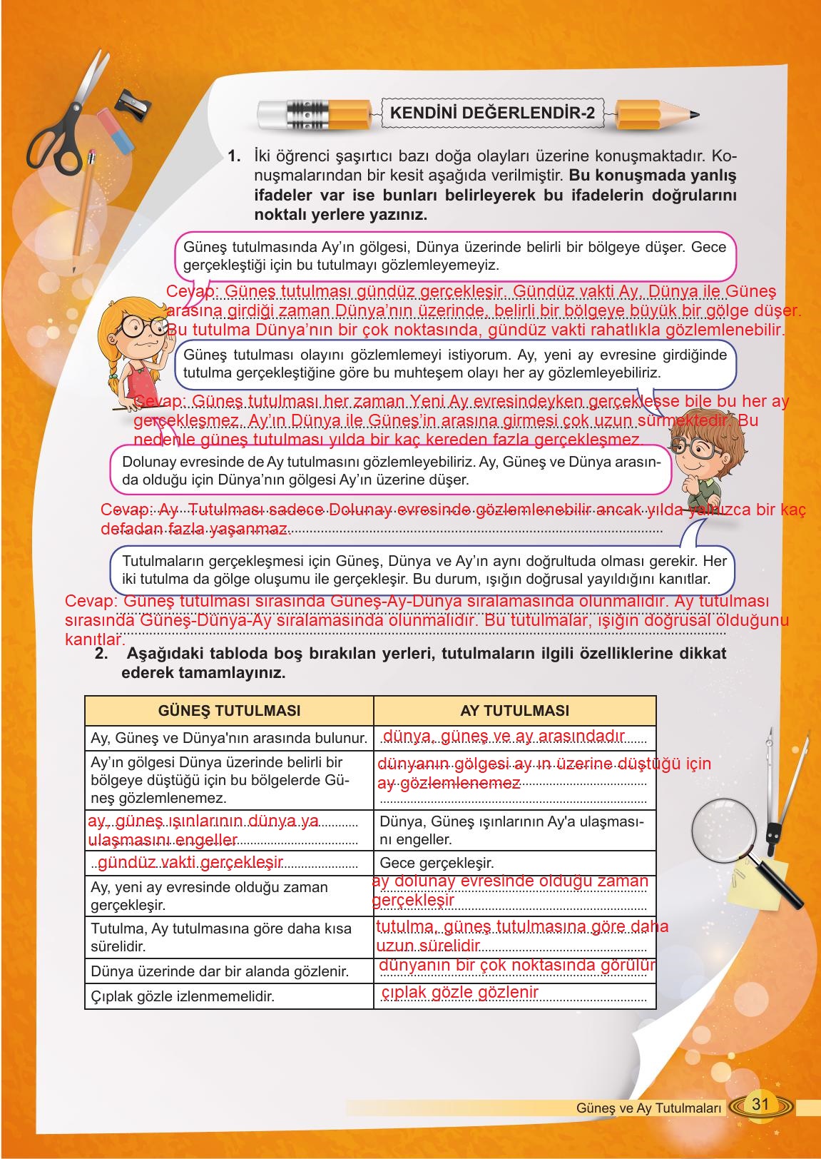 6. Sınıf Meb Yayınları Fen Bilimleri Ders Kitabı Sayfa 31 Cevapları