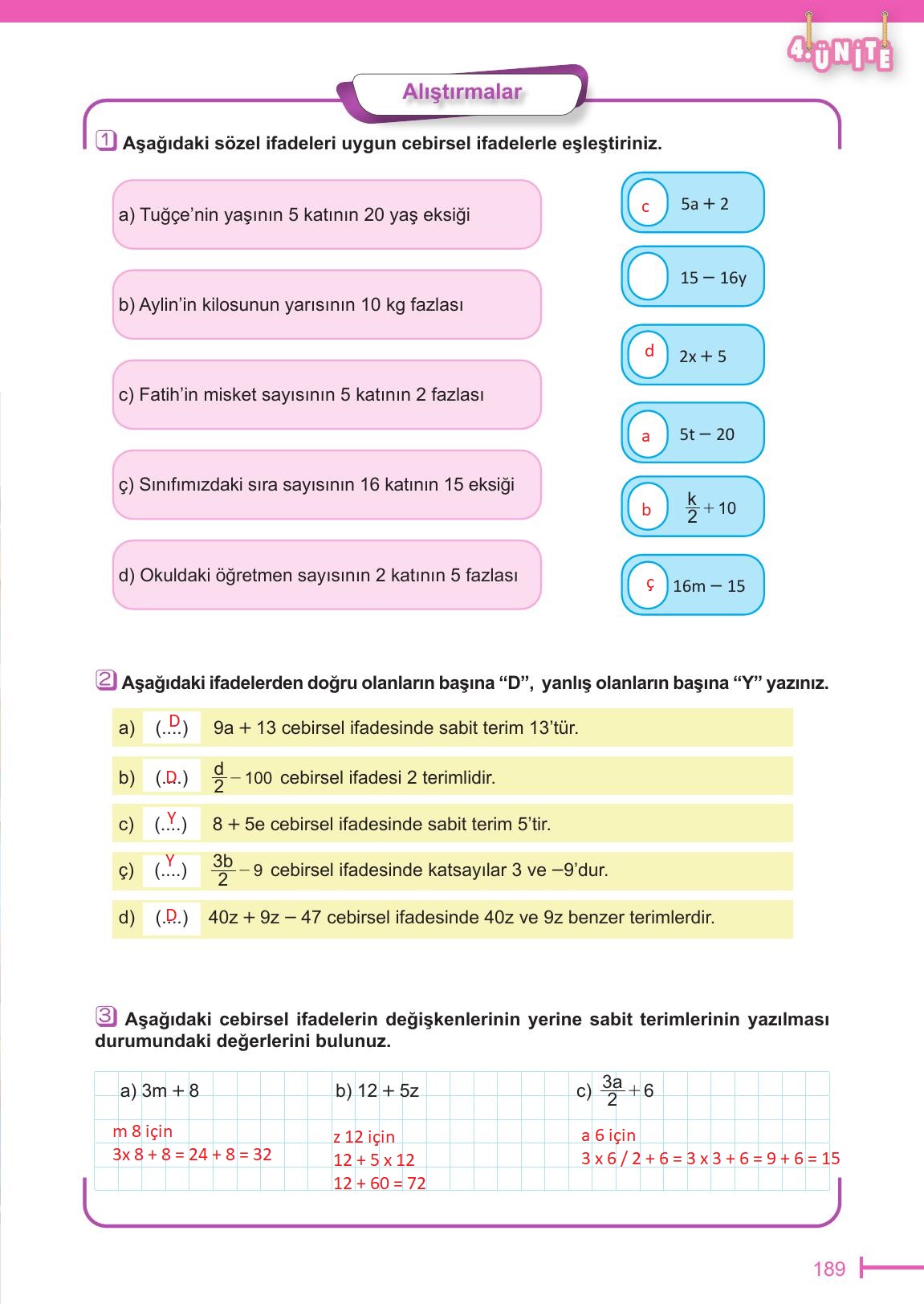 6. Sınıf Meb Yayınları Matematik Ders Kitabı Sayfa 189 Cevapları