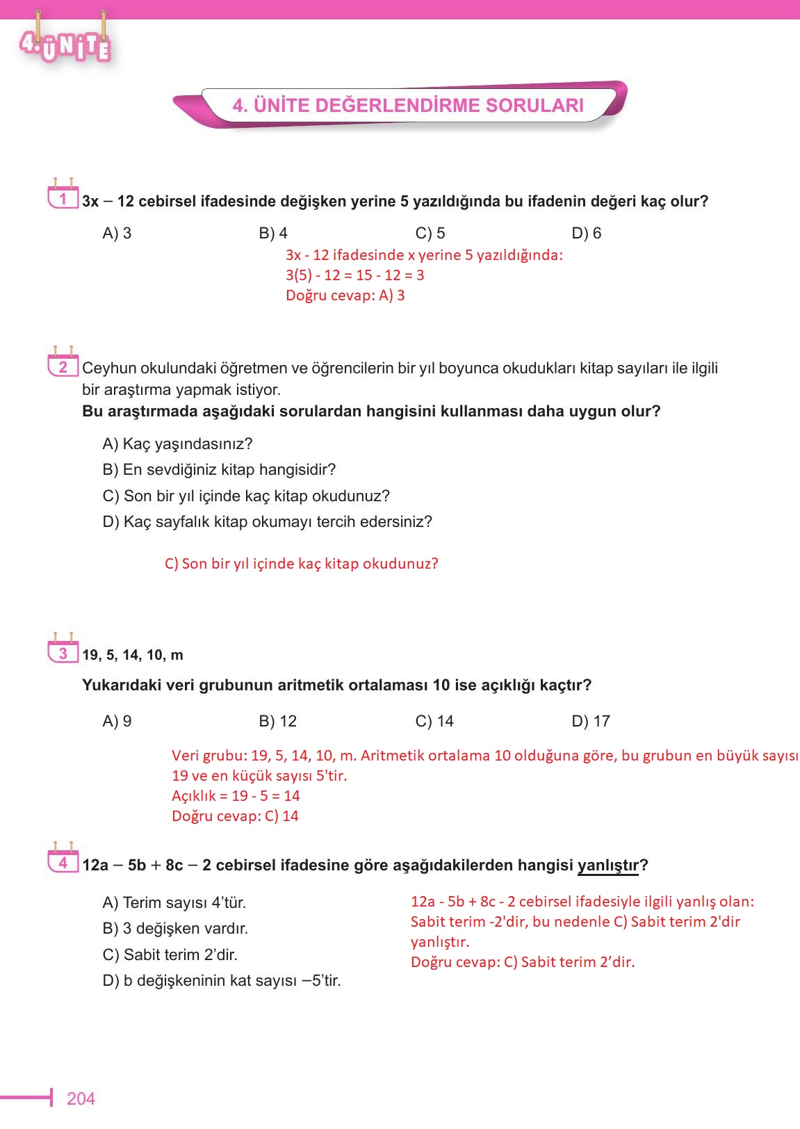 6. Sınıf Meb Yayınları Matematik Ders Kitabı Sayfa 204 Cevapları