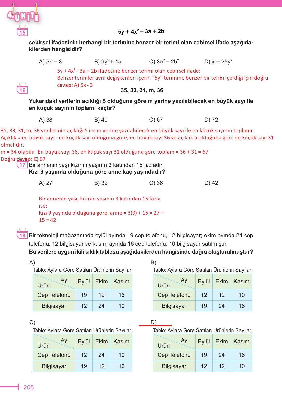 6. Sınıf Meb Yayınları Matematik Ders Kitabı Sayfa 208 Cevapları