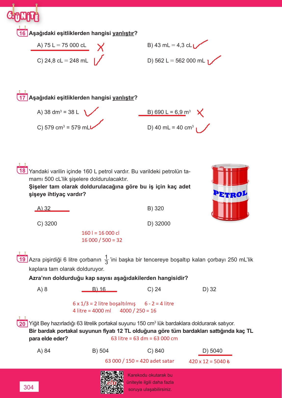 6. Sınıf Meb Yayınları Matematik Ders Kitabı Sayfa 304 Cevapları