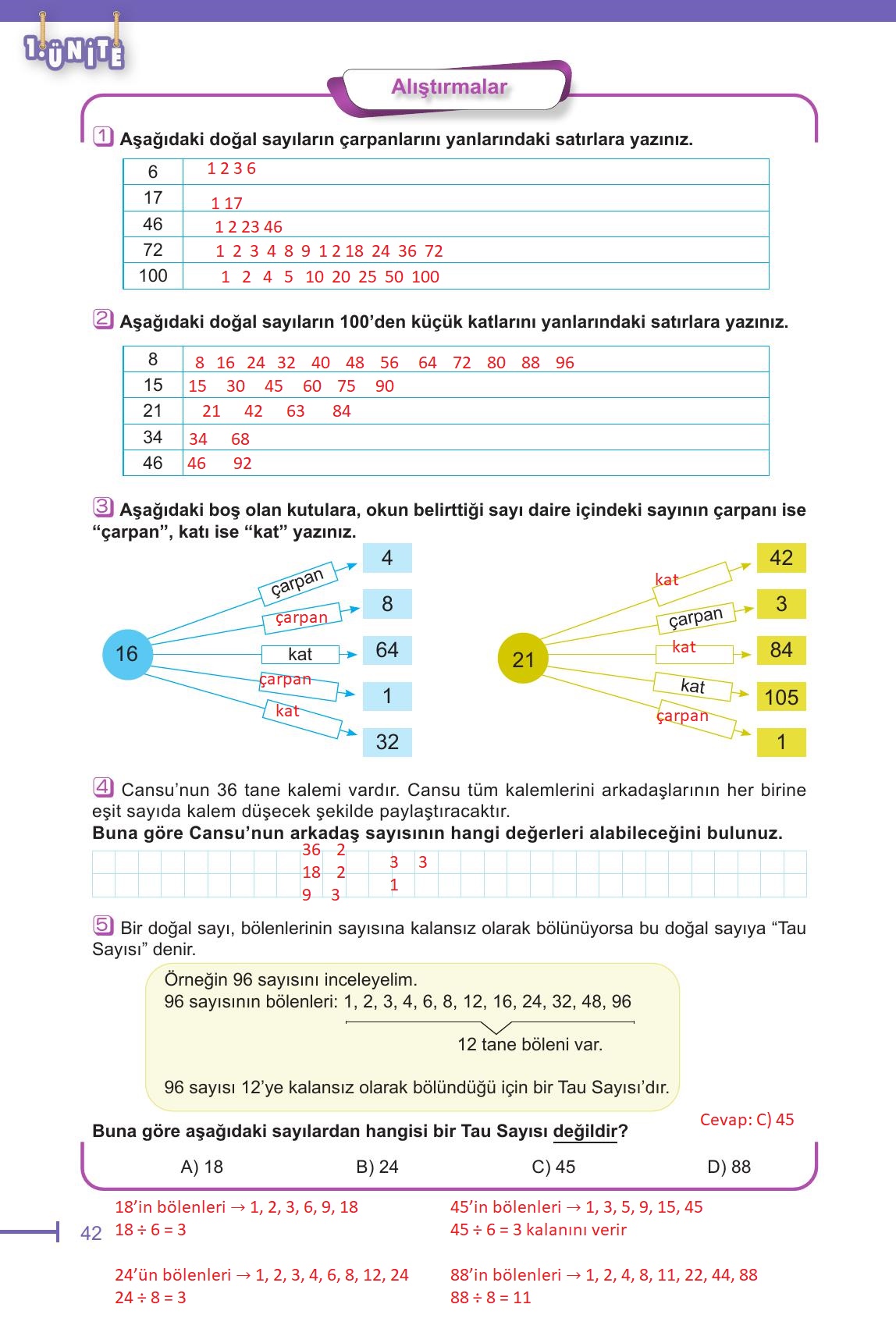 6. Sınıf Meb Yayınları Matematik Ders Kitabı Sayfa 42 Cevapları