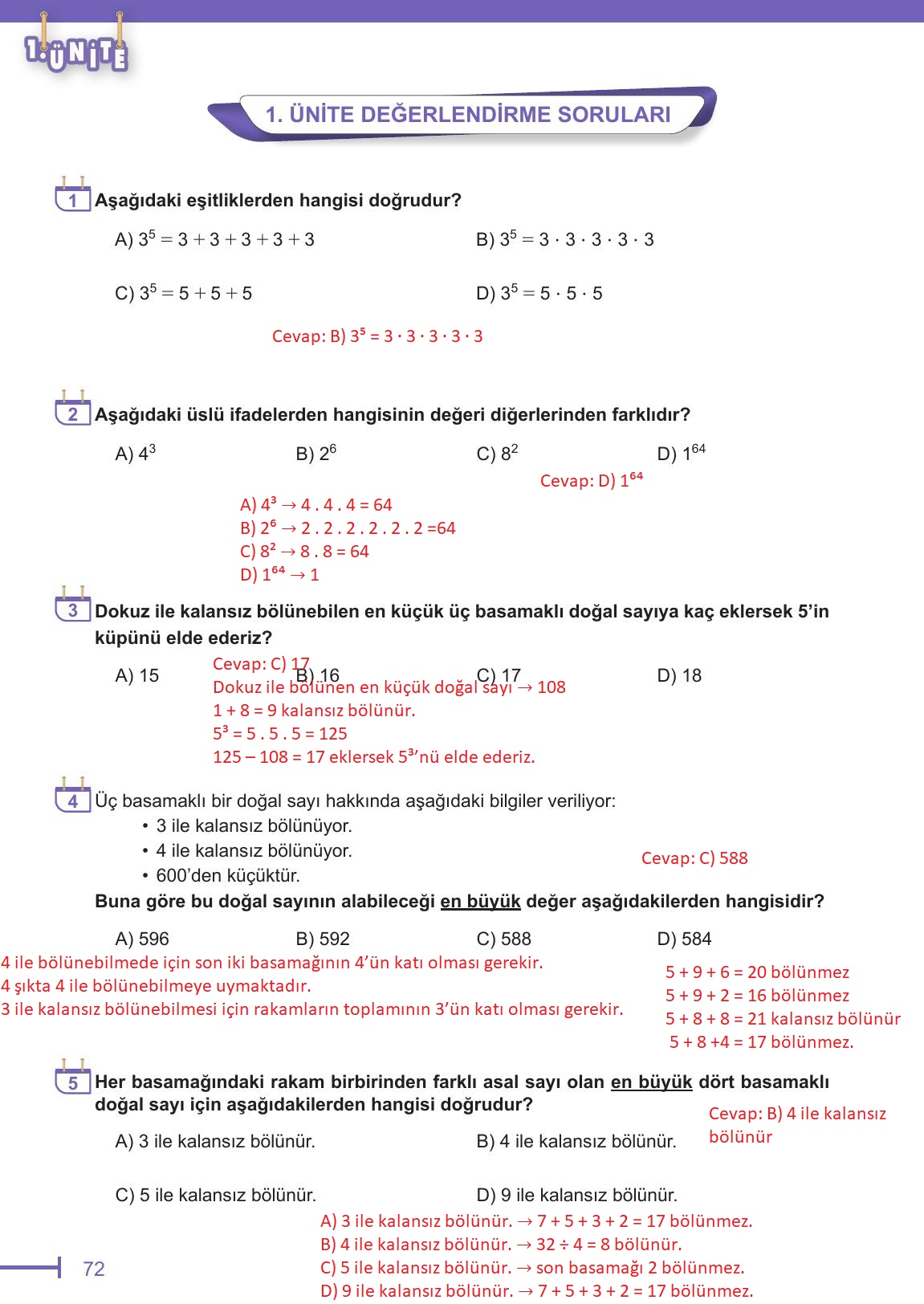 6. Sınıf Meb Yayınları Matematik Ders Kitabı Sayfa 72 Cevapları