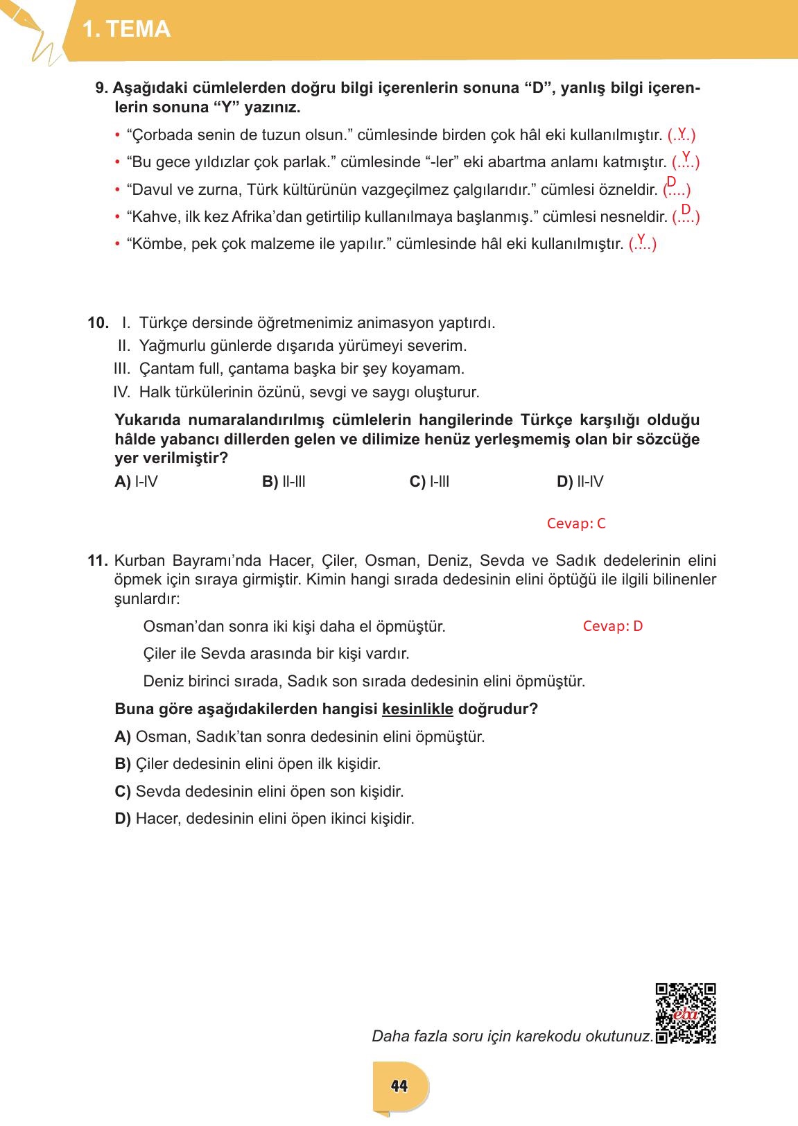 6. Sınıf Meb Yayınları Türkçe Ders Kitabı Sayfa 44 Cevapları