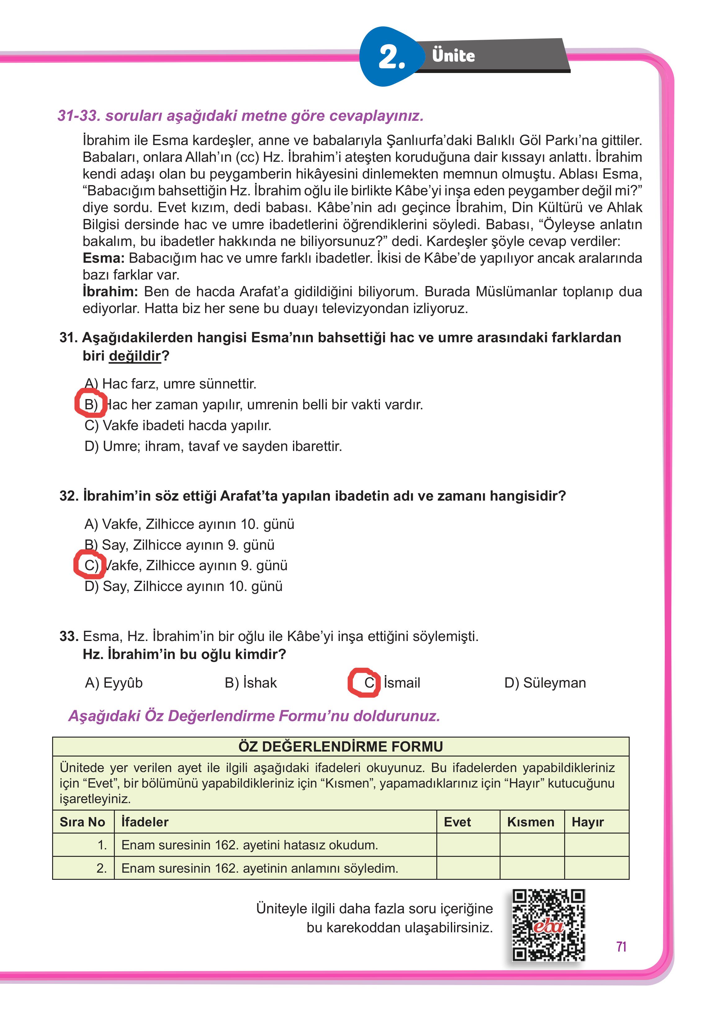 7. Sınıf Meb Yayınları Din Kültürü Ve Ahlak Bilgisi Ders Kitabı Sayfa 71 Cevapları