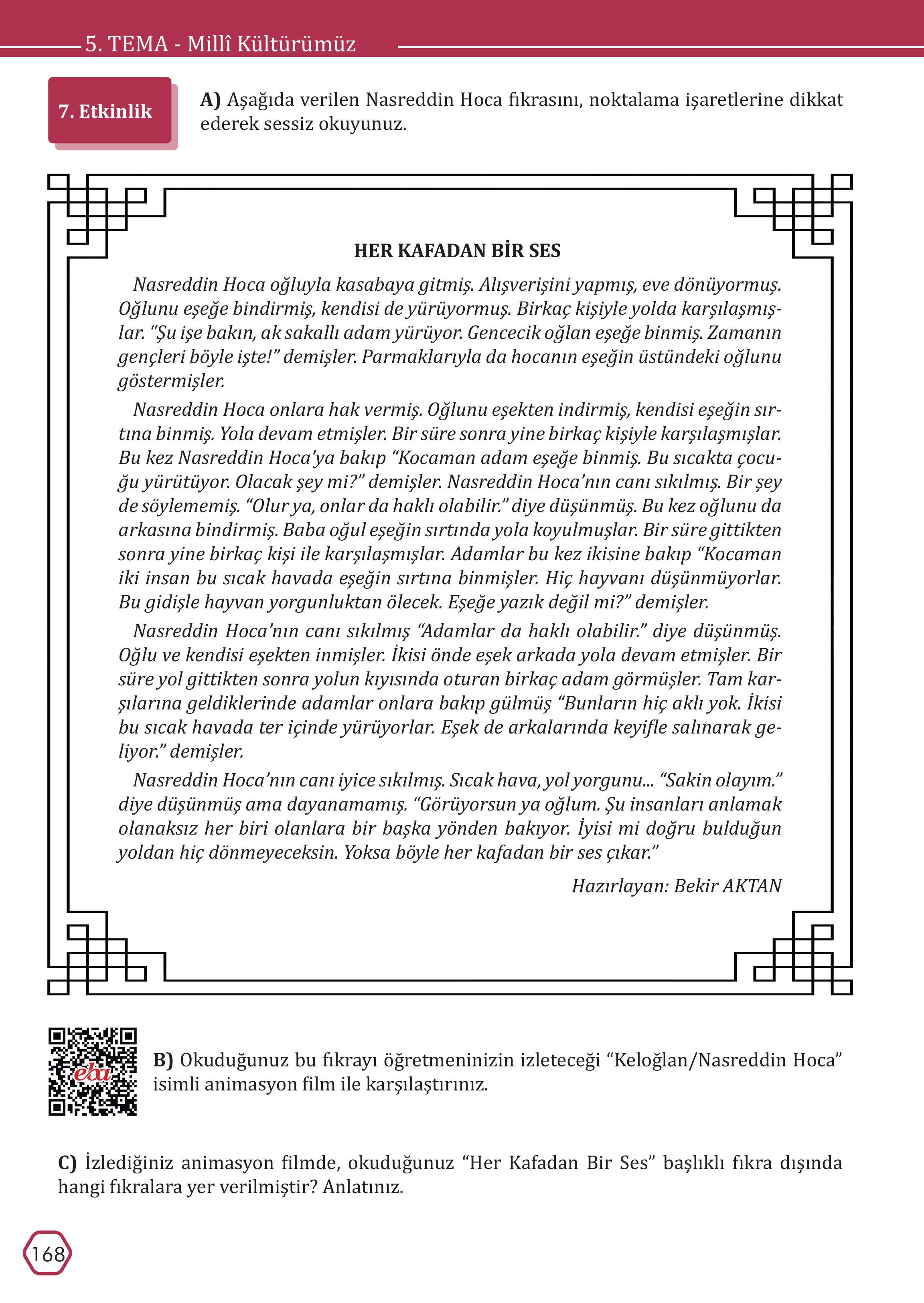 7. Sınıf Meb Yayınları Türkçe Ders Kitabı Sayfa 168 Cevapları