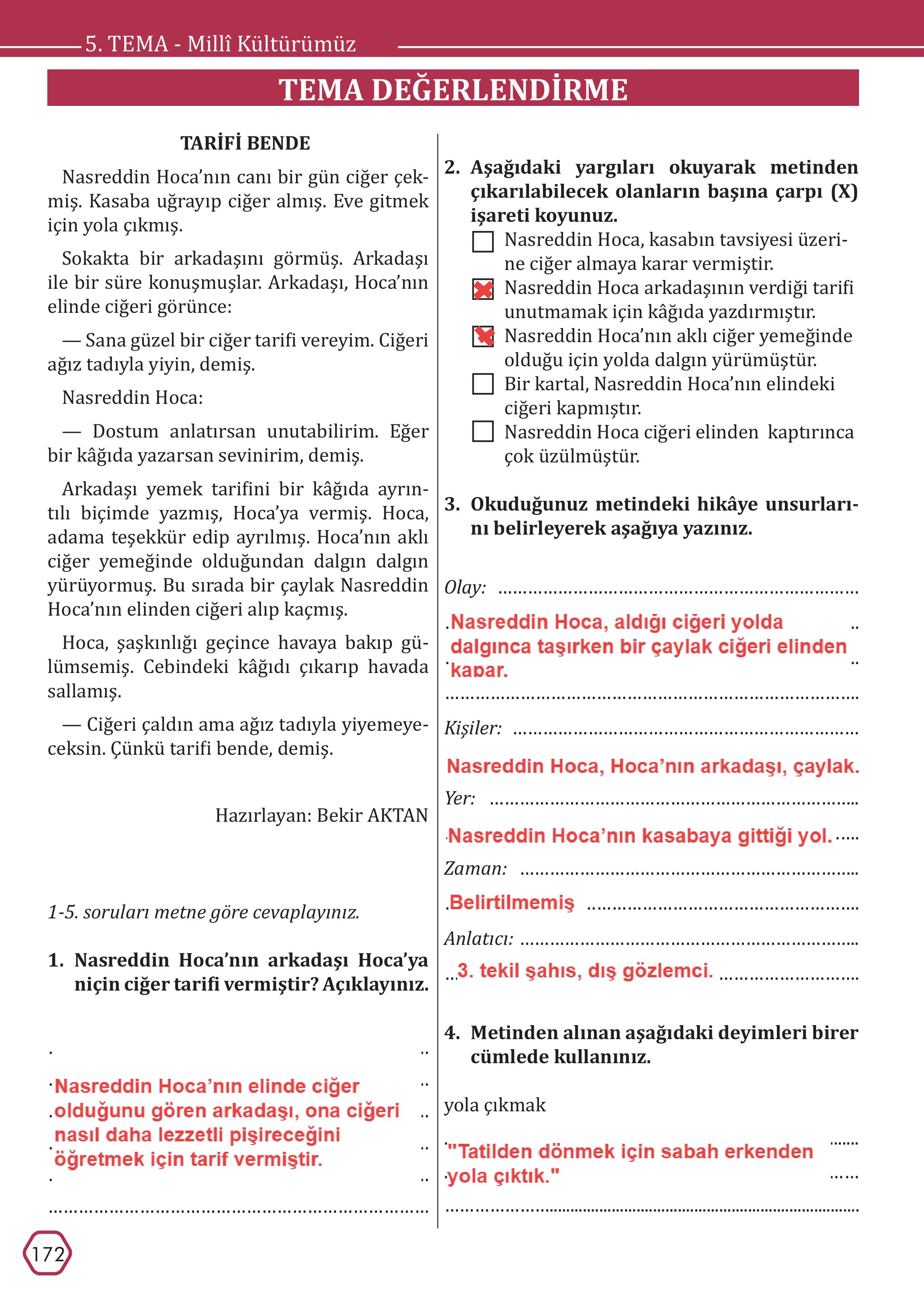 7. Sınıf Meb Yayınları Türkçe Ders Kitabı Sayfa 172 Cevapları