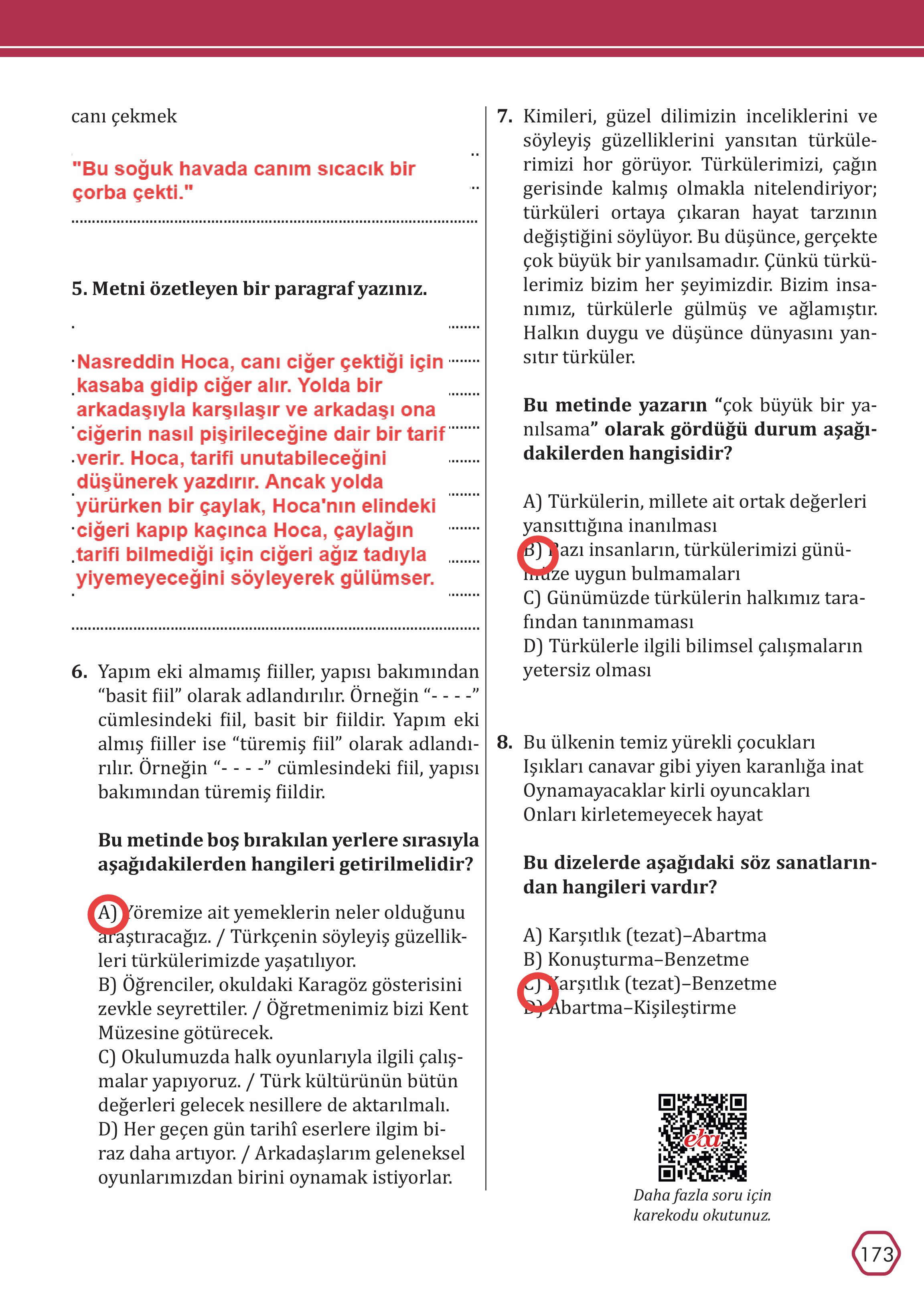 7. Sınıf Meb Yayınları Türkçe Ders Kitabı Sayfa 173 Cevapları