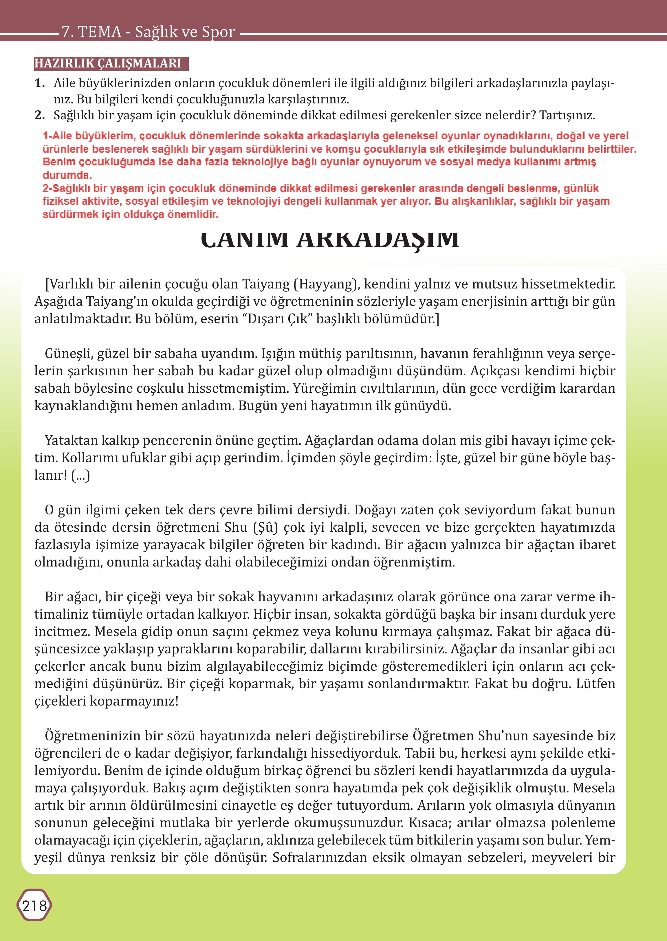 7. Sınıf Meb Yayınları Türkçe Ders Kitabı Sayfa 218 Cevapları