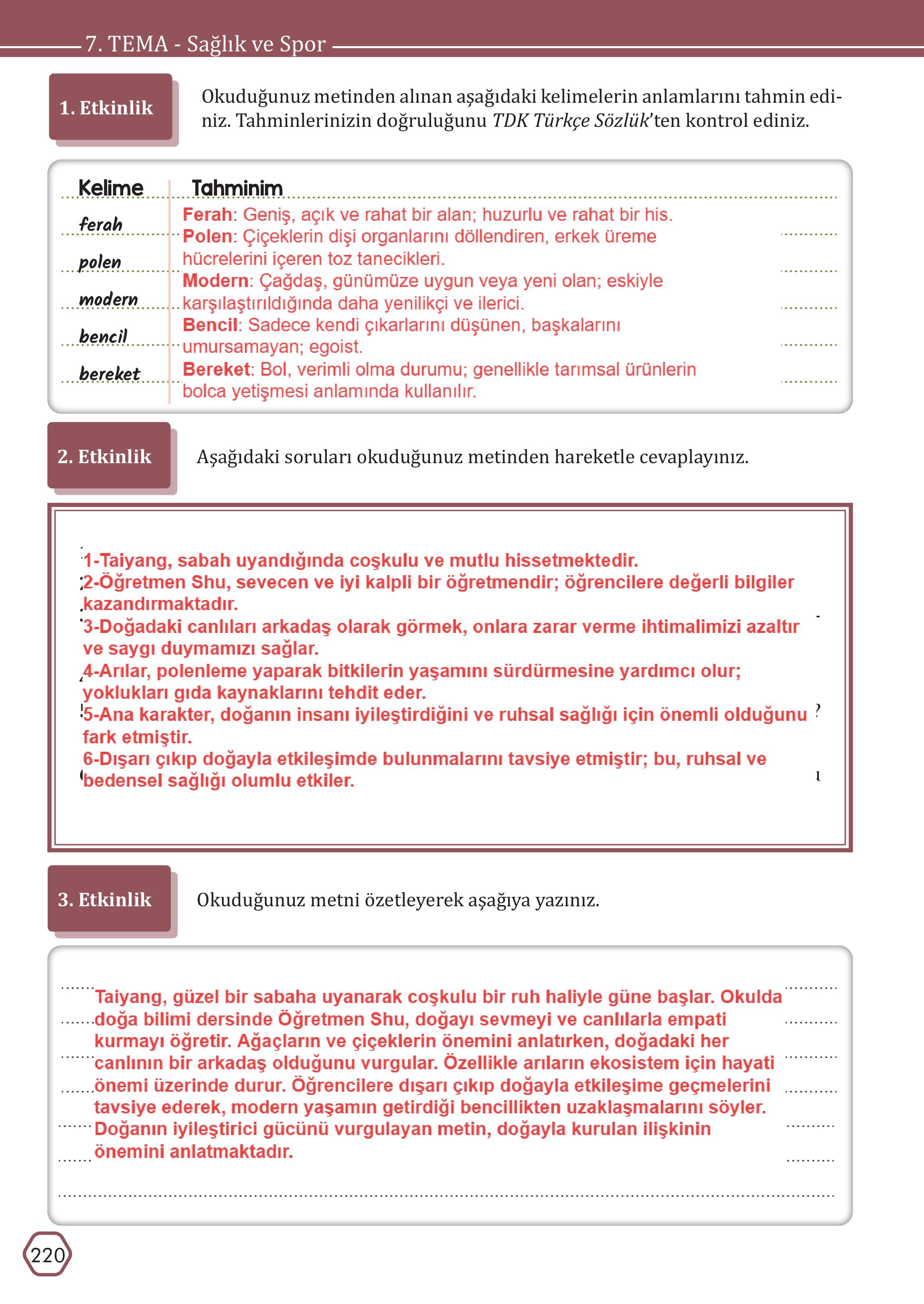 7. Sınıf Meb Yayınları Türkçe Ders Kitabı Sayfa 220 Cevapları