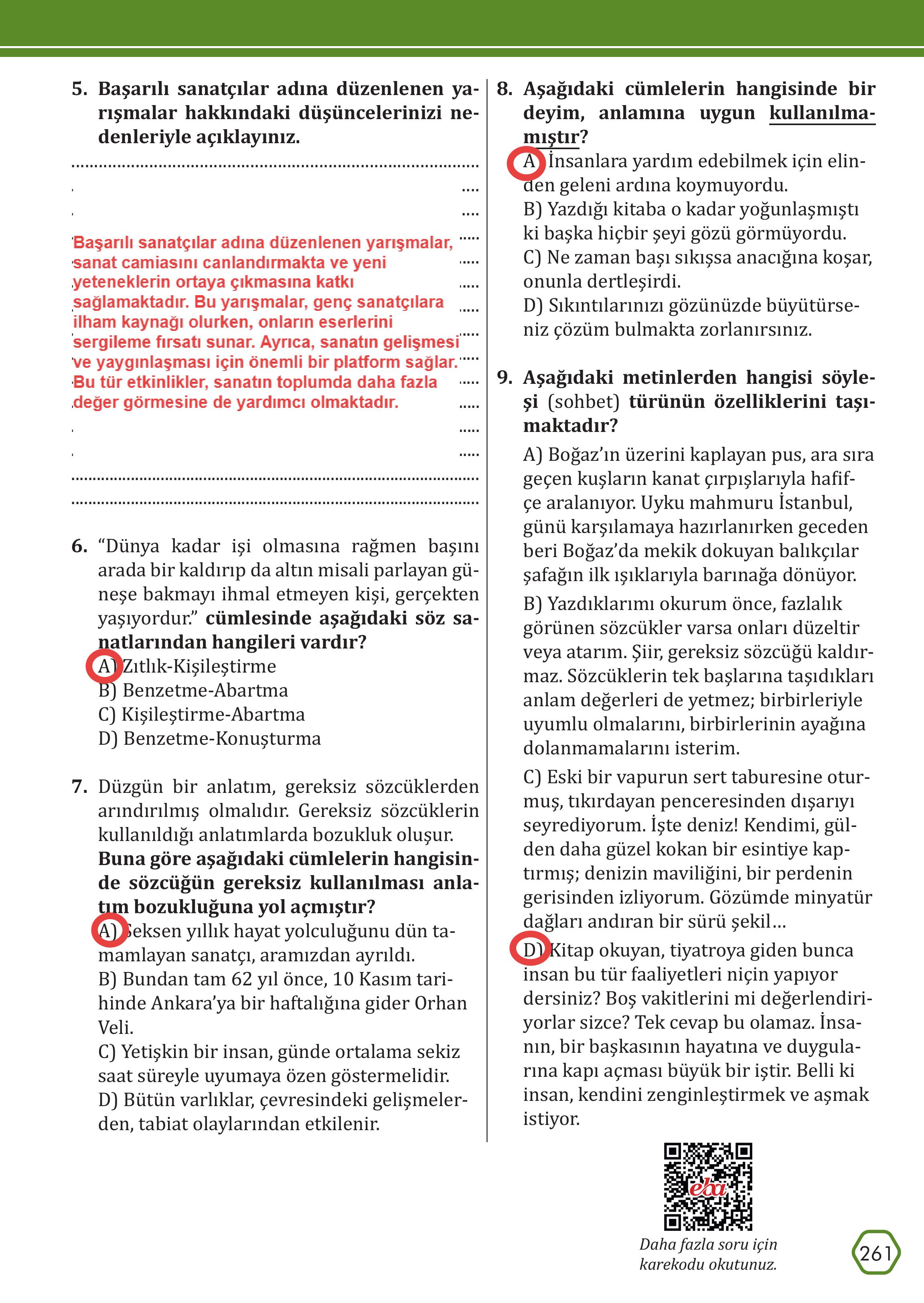 7. Sınıf Meb Yayınları Türkçe Ders Kitabı Sayfa 261 Cevapları