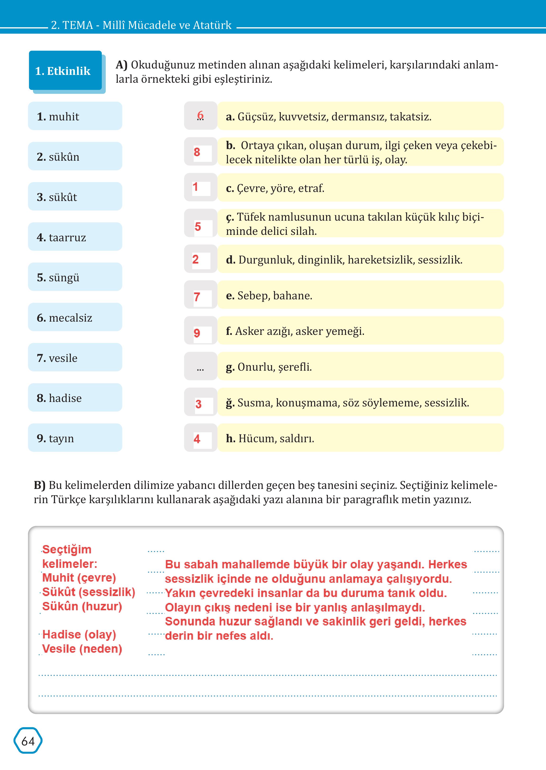 7. Sınıf Meb Yayınları Türkçe Ders Kitabı Sayfa 64 Cevapları