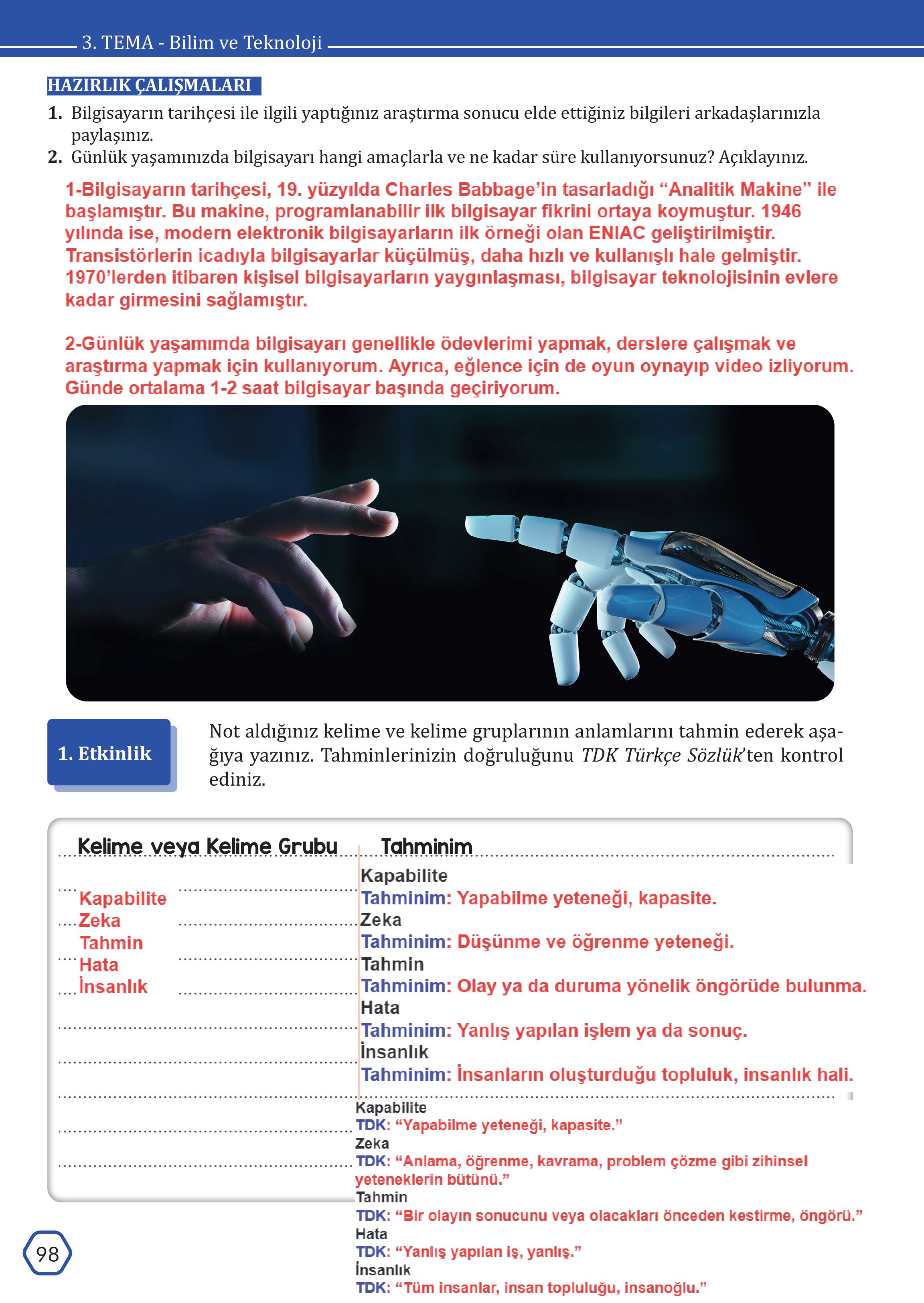 7. Sınıf Meb Yayınları Türkçe Ders Kitabı Sayfa 98 Cevapları