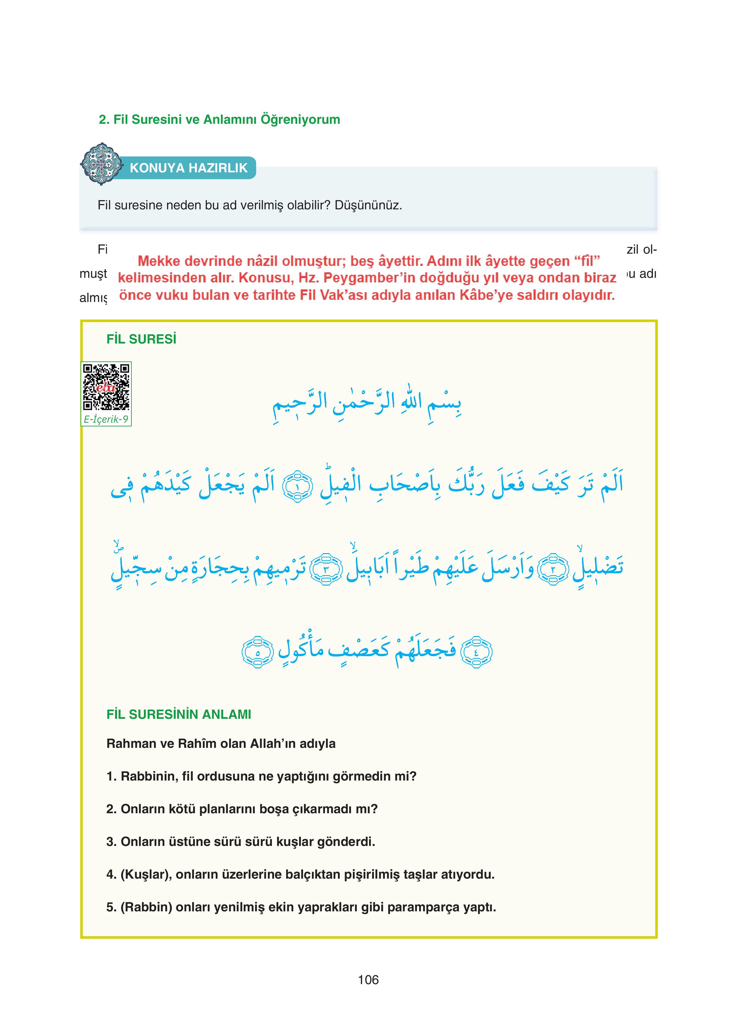 7. Sınıf Sdr Dikey Yayıncılık Kur'an- Kerim Ders Kitabı Sayfa 106 Cevapları