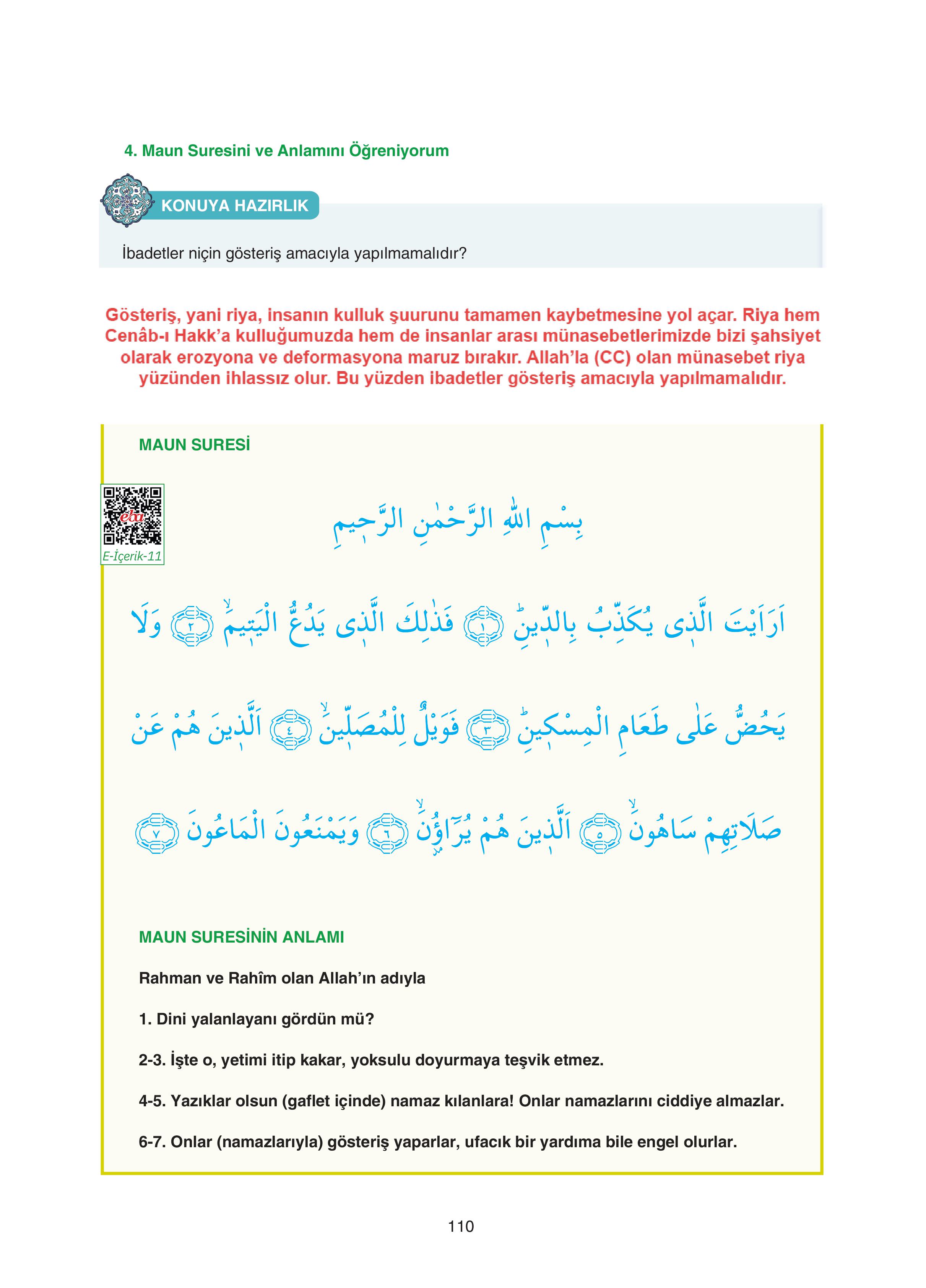 7. Sınıf Sdr Dikey Yayıncılık Kur'an- Kerim Ders Kitabı Sayfa 110 Cevapları