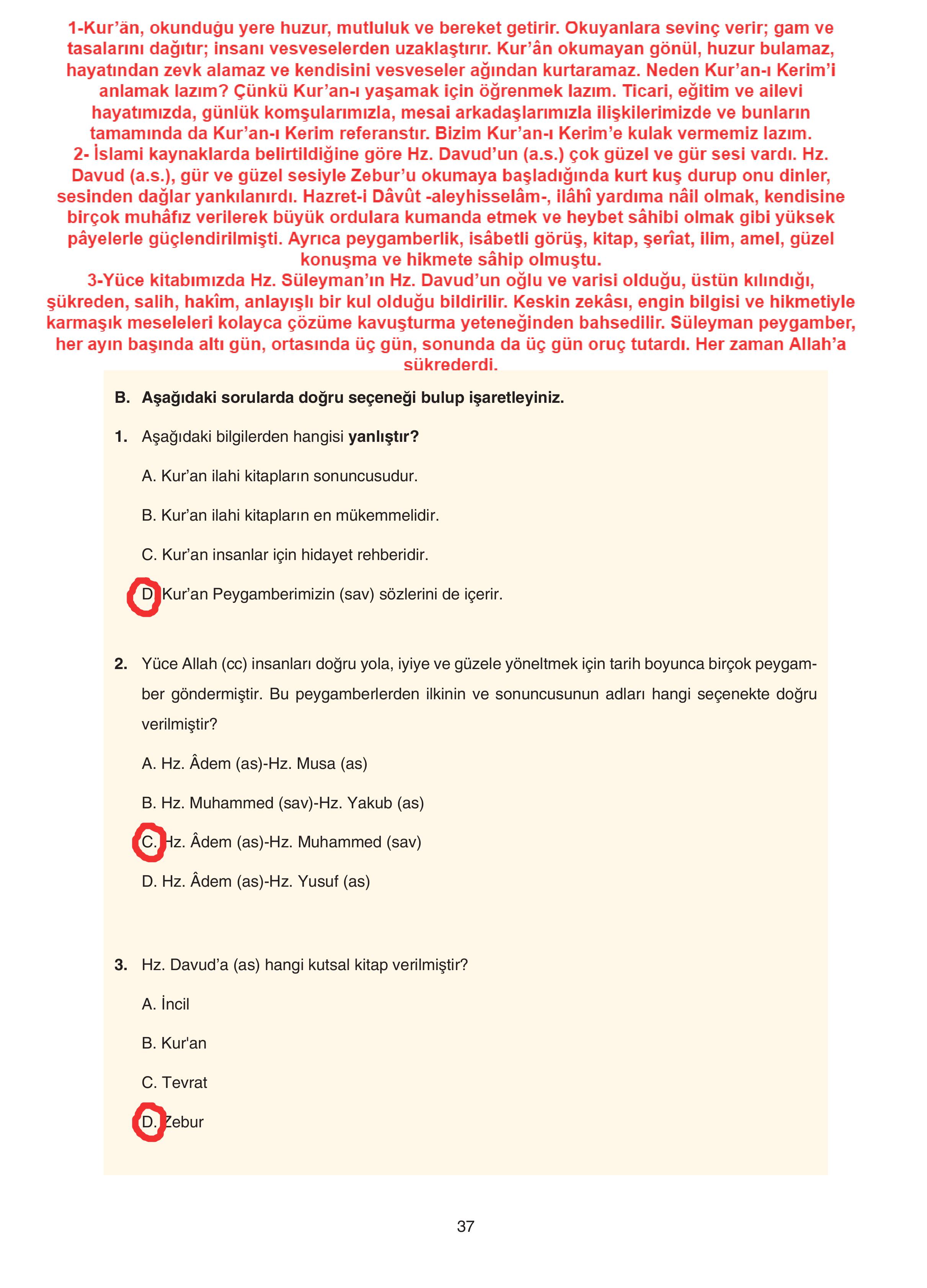 7. Sınıf Sdr Dikey Yayıncılık Kur'an- Kerim Ders Kitabı Sayfa 37 Cevapları